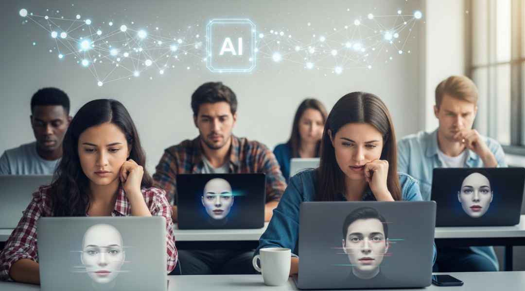 Group of young adults in a classroom focusing on facial recognition on laptops, with a digital AI concept overlay.