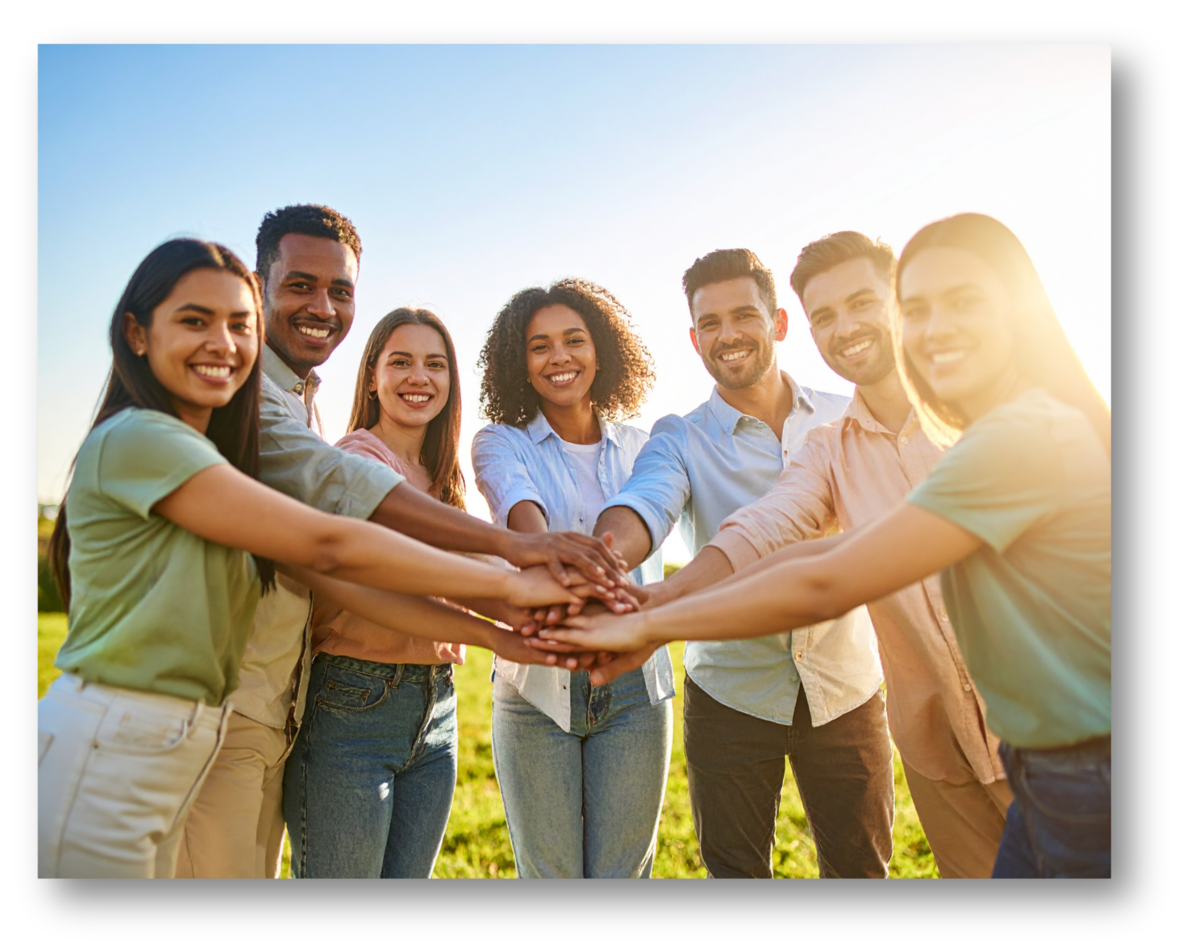 Group of diverse smiling people with hands stacked in the center outdoors during sunset.