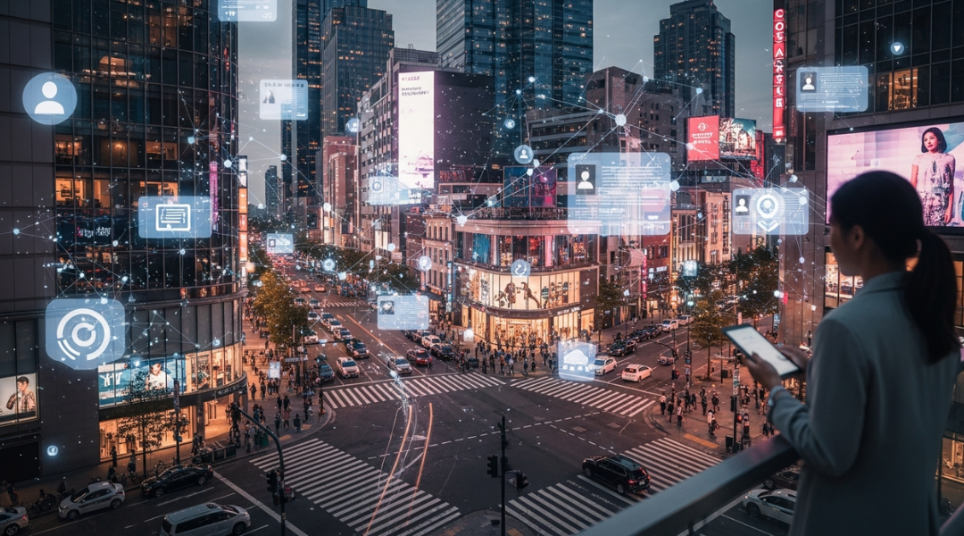 A woman standing on a balcony phone in hand overlooking a busy city street with digital icons and connecting lines representing technology and connectivity.