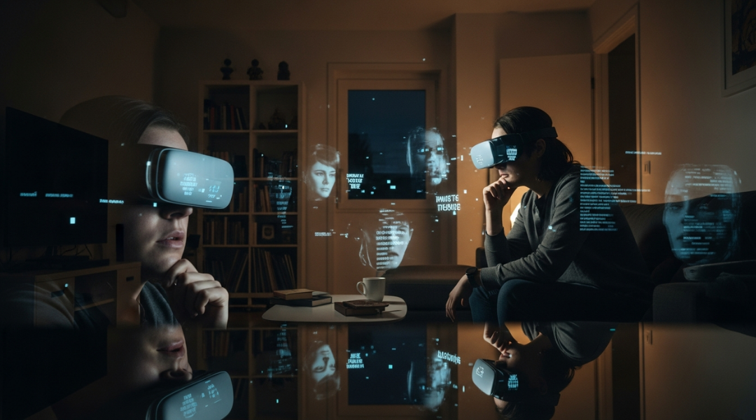 Two women sitting in a dark living room, wearing virtual reality headsets, engaging with digital holograms and floating faces projected in front of them.