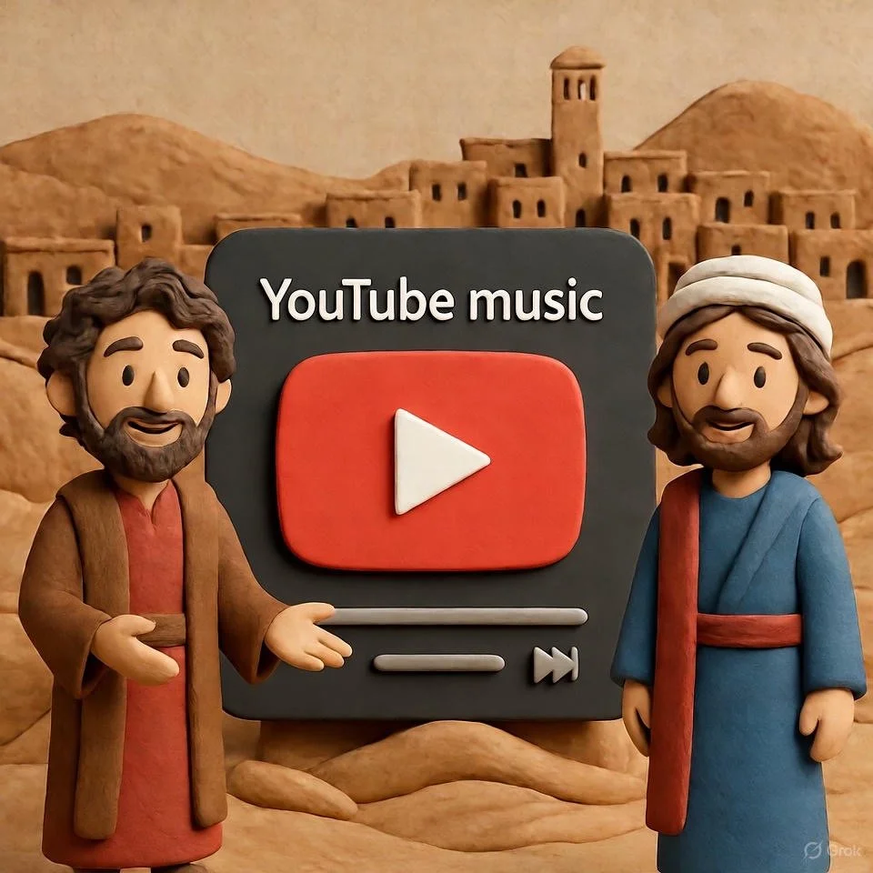 Two clay figures stand next to a YouTube music link logo