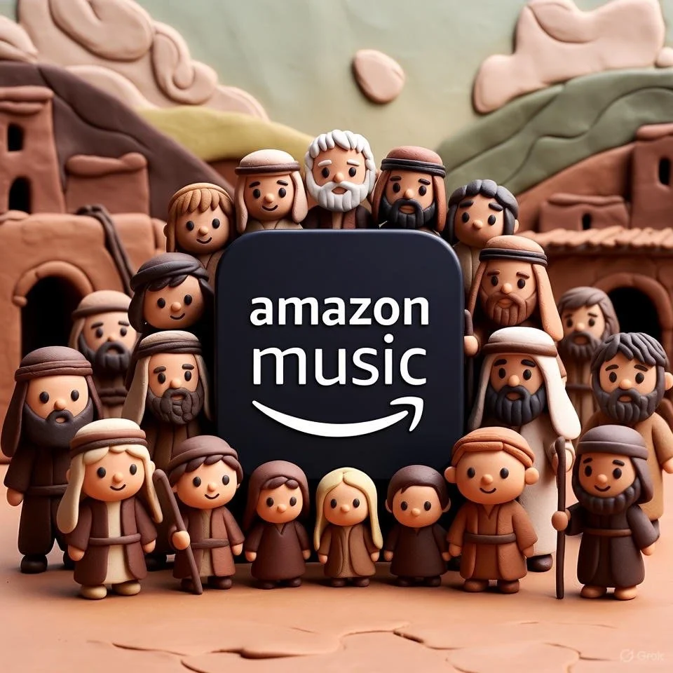 A group of Clay figures stand around a logo for Amazon Music