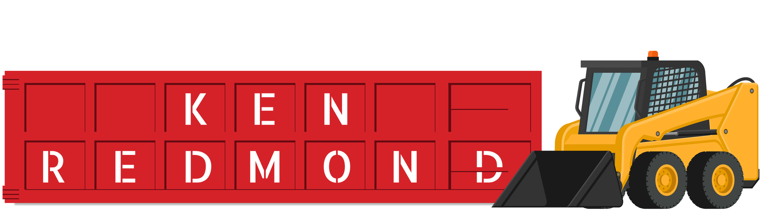 A yellow front loader with a black bucket is transporting red shipping containers with white letters spelling 'KENDREDMOND'.