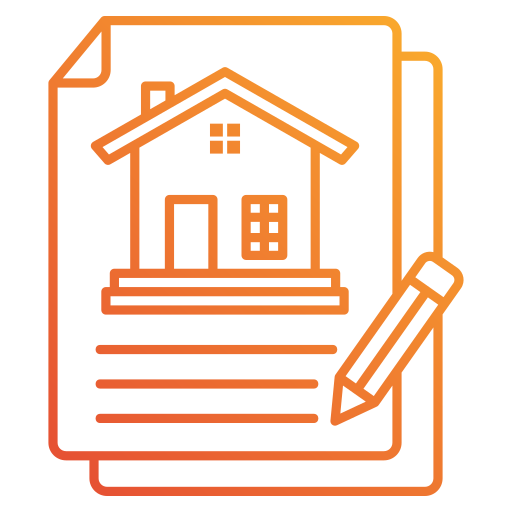Icon of a house on a document with a pencil on the bottom right.