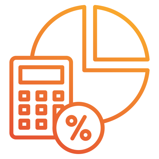 Icon of a calculator, a pie chart, and a percentage symbol, representing financial or data analysis.
