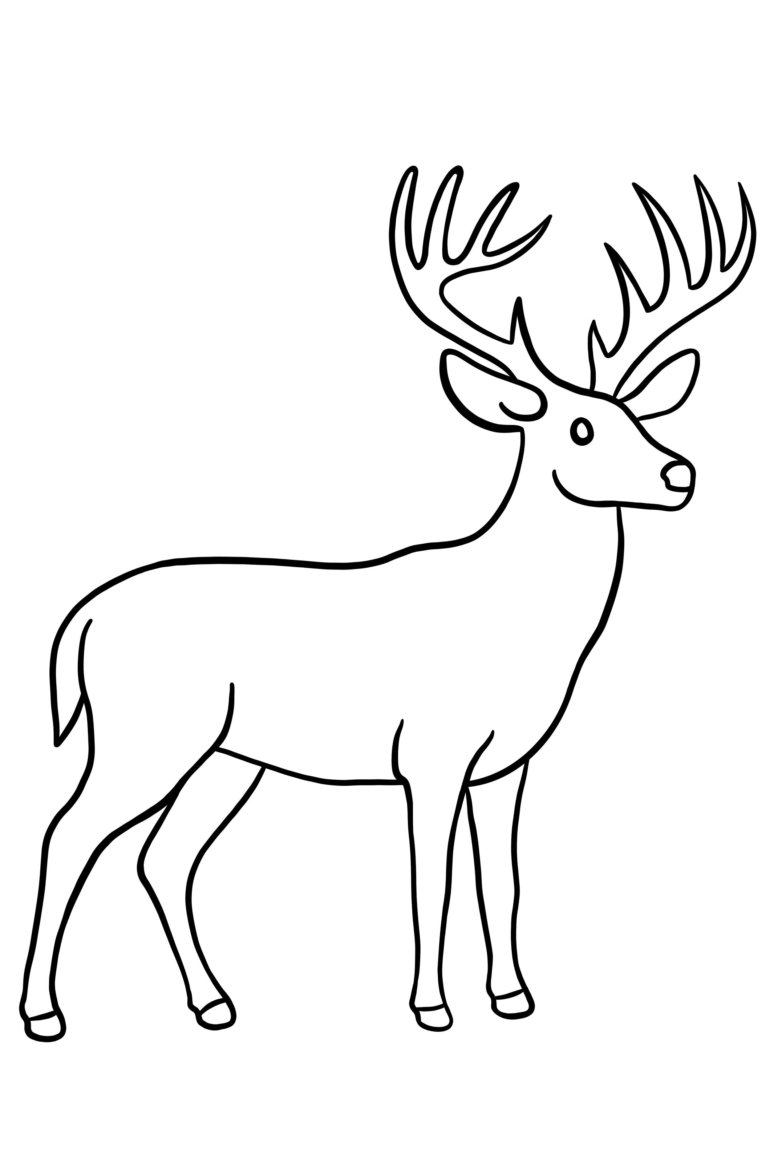 Outline of a reindeer with large antlers, standing and facing to the right.