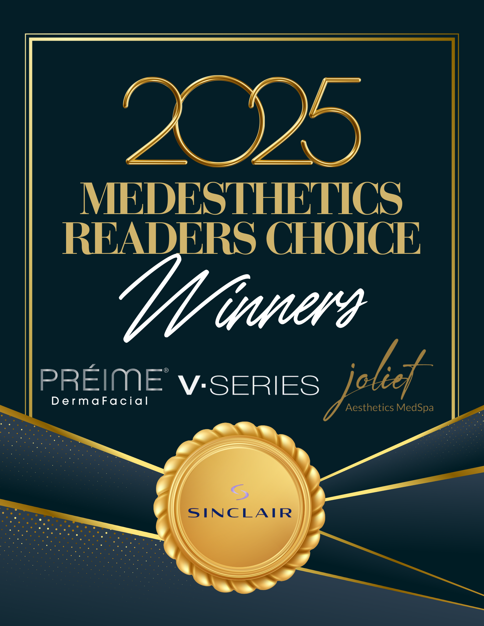 2023 Medesthetics Reader's Choice Winners announcement with logos of Sinclair, Préime, V-Series, and Joliet, and a gold seal at the bottom.