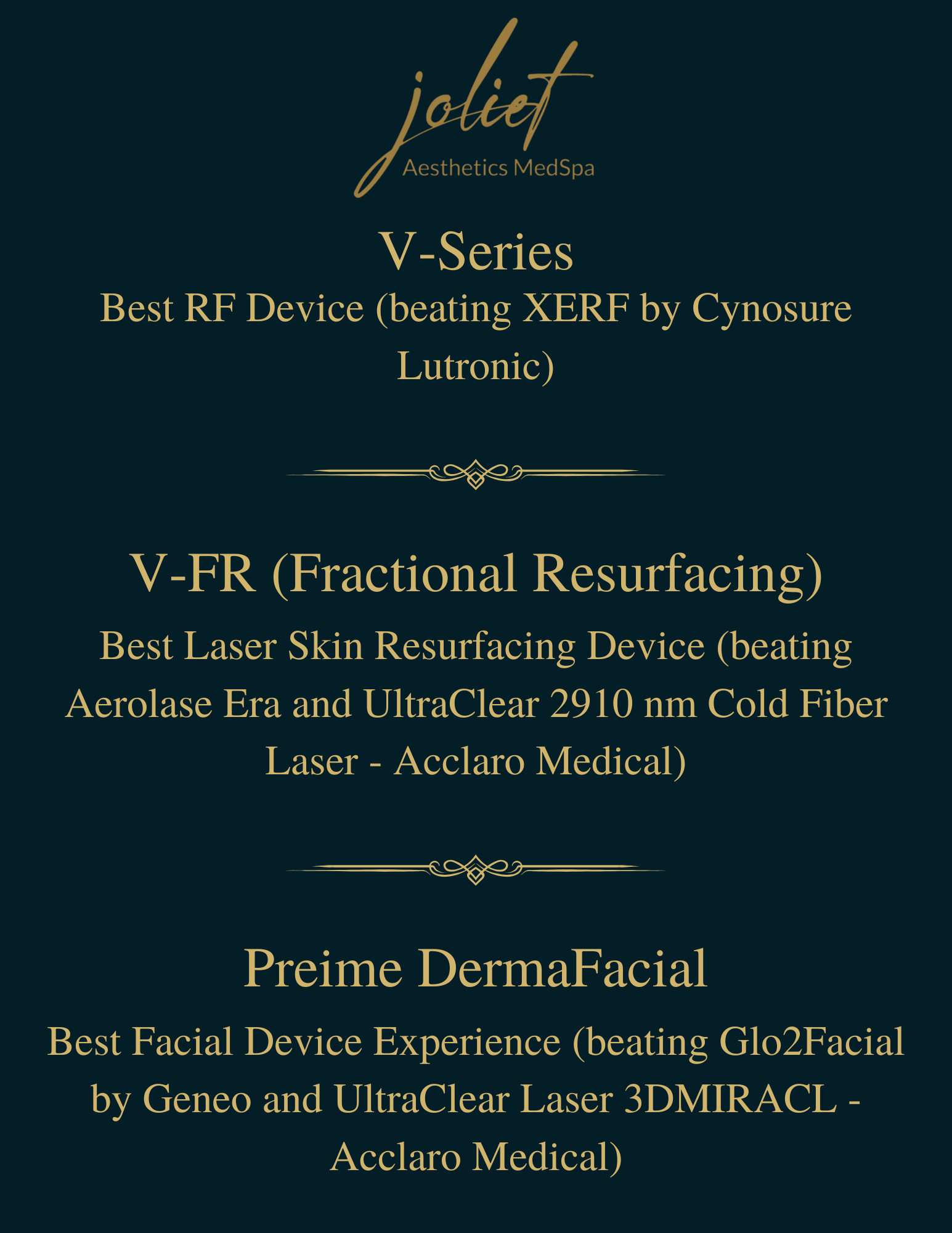 A promotional flyer for Joliet Aesthetics MedSpa listing various skin and facial treatment devices, including V-Series RF device, V-FR fractional resurfacing laser, and Preime DermaFacial, with descriptions of each treatment.