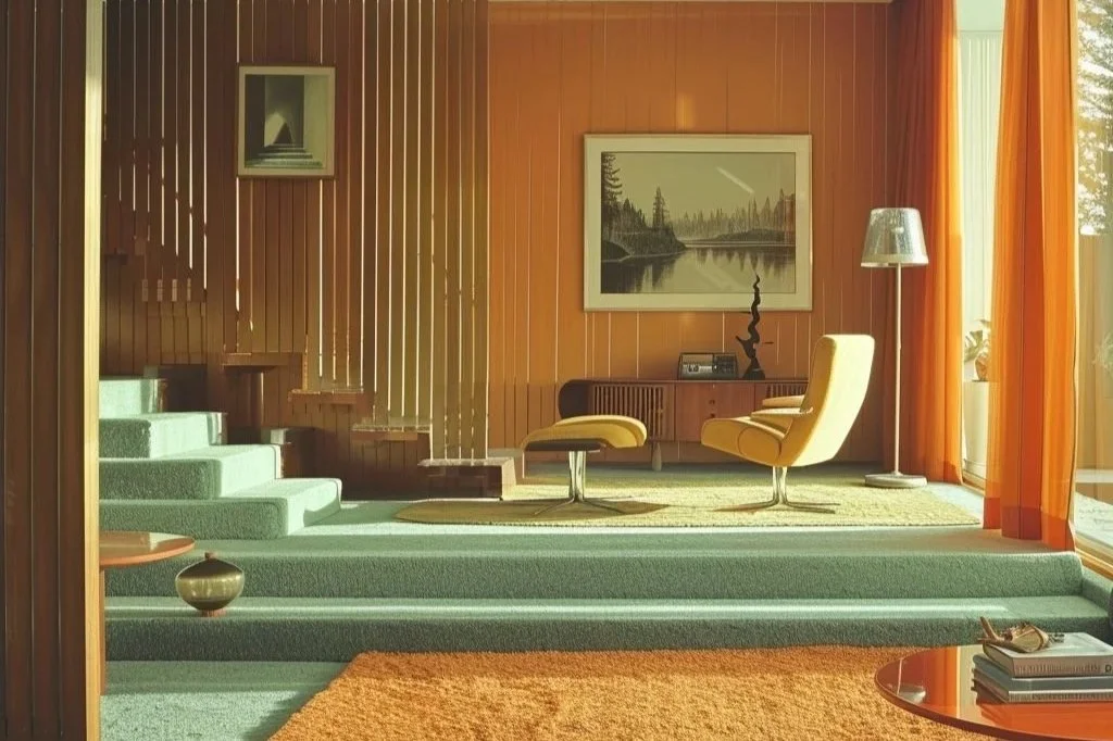 Un salon années 70 avec escalier, fauteuils jaunes, lampadaire et décoration rétro dans une pièce lumineuse avec grande fenêtre.