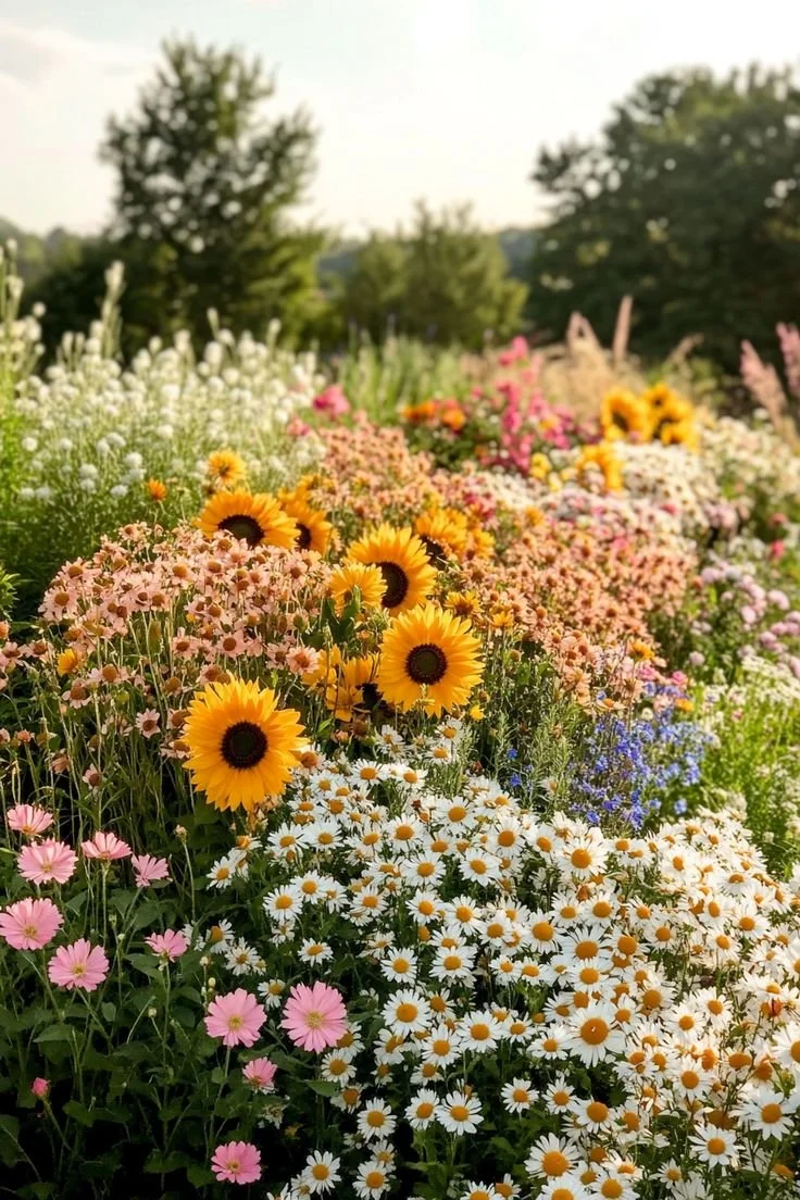 A vibrant garden filled with various colorful flowers including sunflowers, daisies, pink, white, and blue blossoms, set against a backdrop of trees and a cloudy sky.