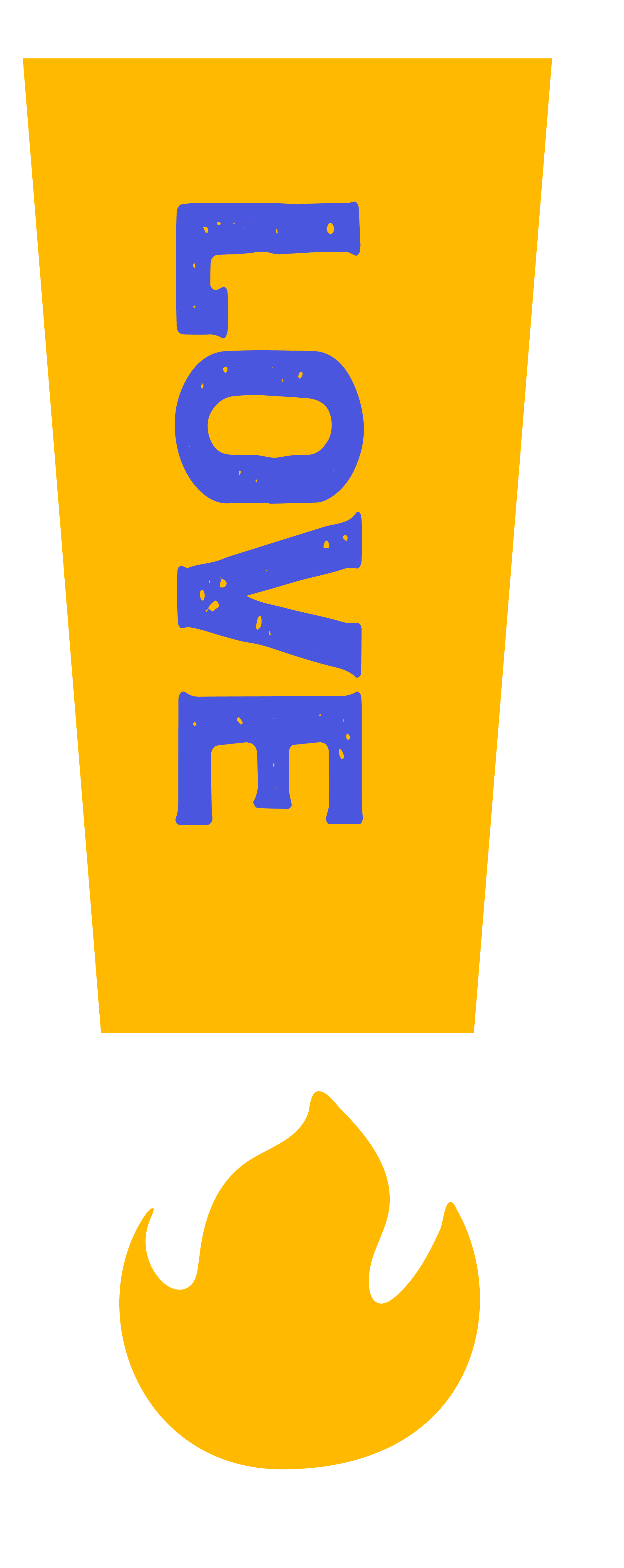 A yellow sign with the word "LOVE" written vertically in large blue letters, with a flame design at the bottom.