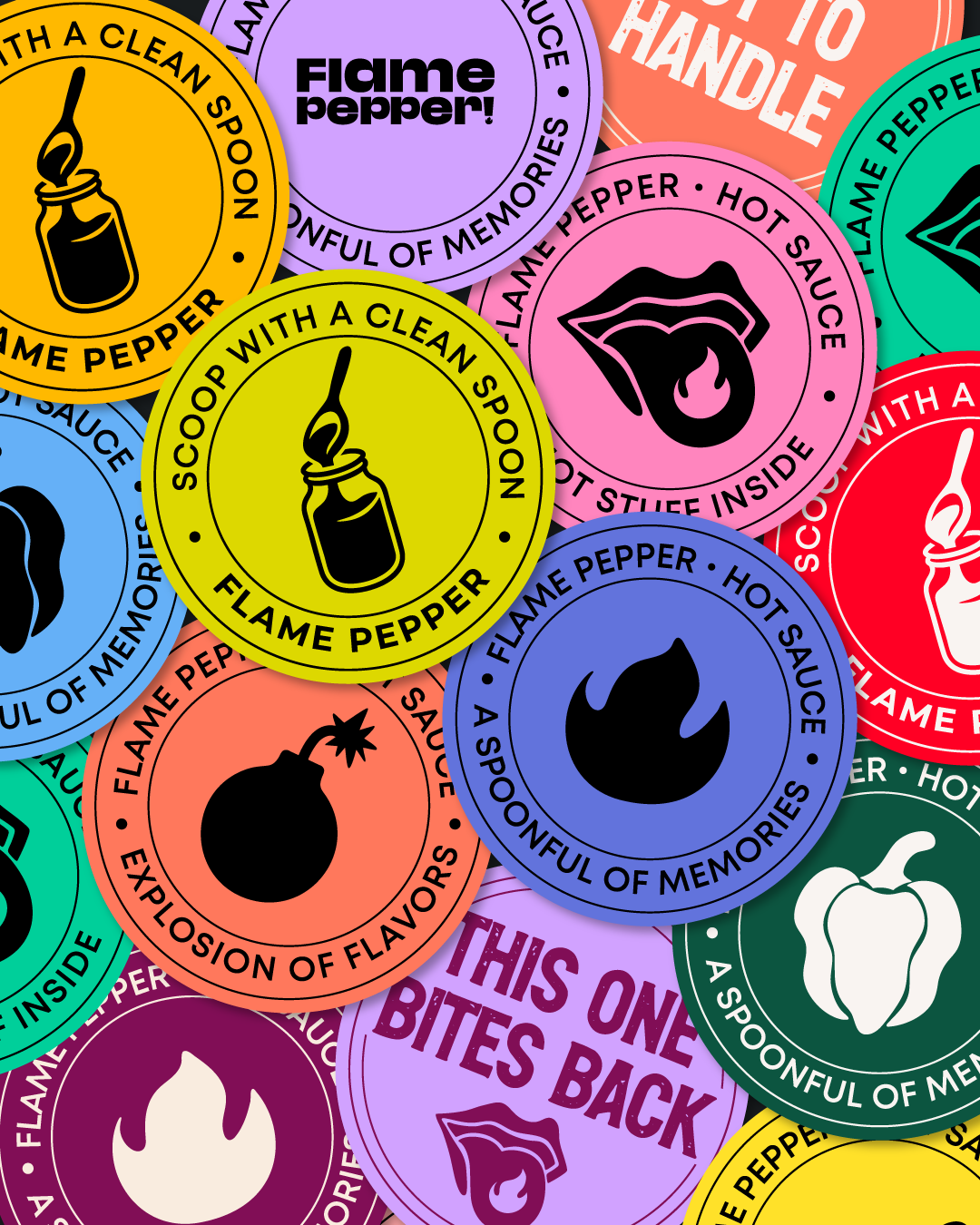 Colorful circular stickers with various hot sauce and spicy food icons, including peppers, flames, and a mouth with tongue, featuring humorous phrases like 'Scoops with a clean spoon' and 'This one bites back'.