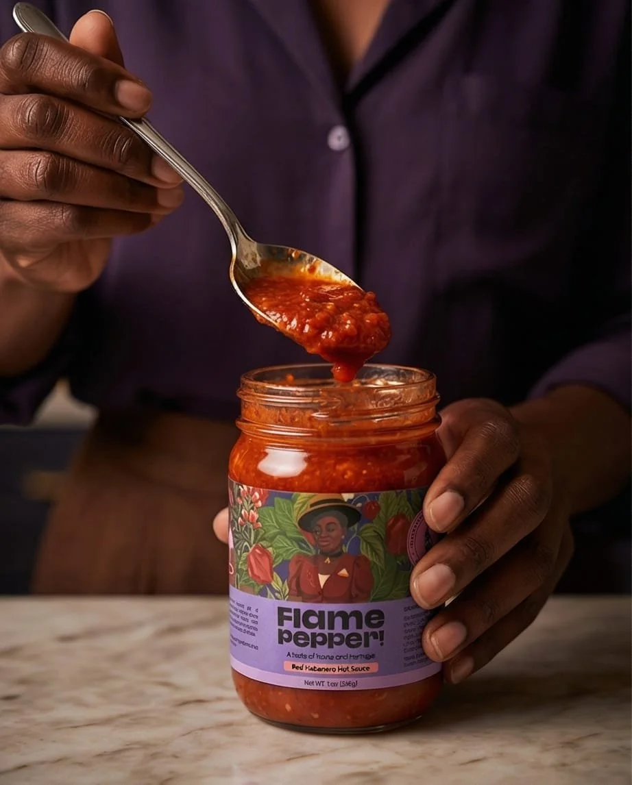 Person holding a spoonful of red hot sauce from a jar labeled 'Fiame Pepper!' featuring a woman with a hat on the label.