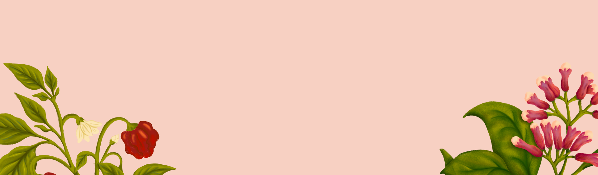 Decorative floral border with green leaves, pink and red flowers on a soft pink background.