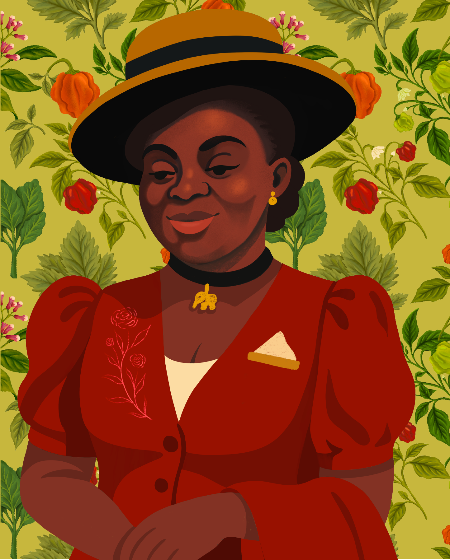 Illustration of a woman with dark skin, wearing a red dress with embroidered flowers, a black choker with a gold elephant pendant, gold earrings, a beige pocket square, and a large black hat with a gold band, standing in front of a green background with red, orange, and pink flowering plants.