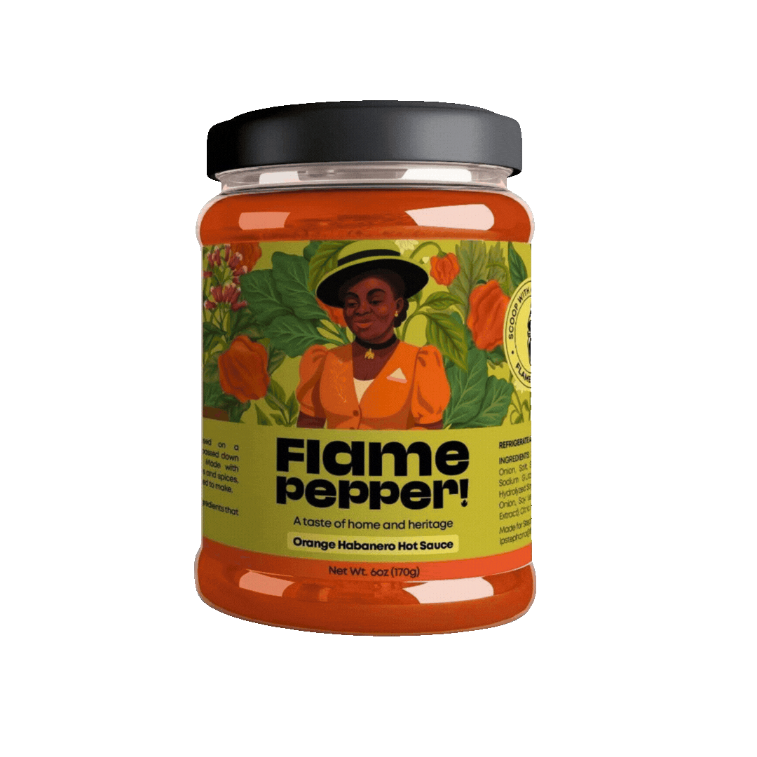 Jar of Flame Pepper Orange Habanero Hot Sauce with colorful label featuring a woman with a hat and green foliage