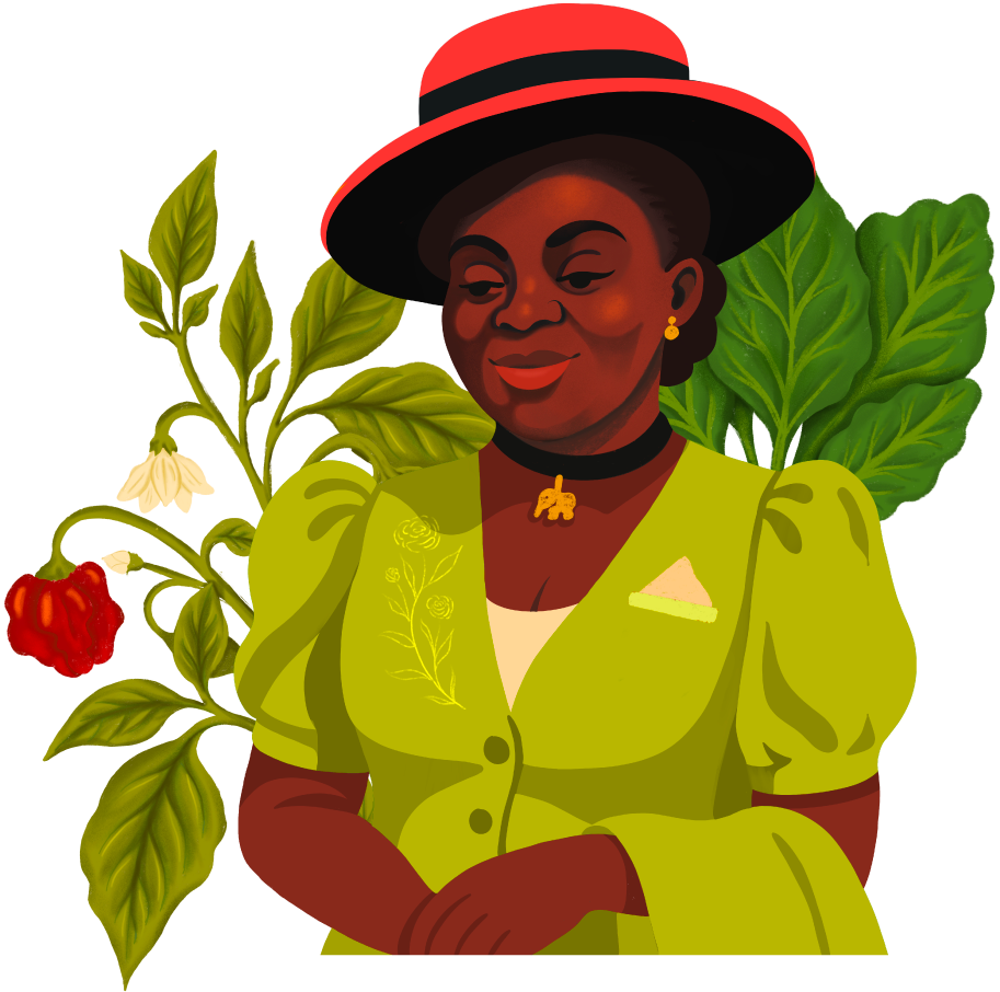 Illustration of an African American woman in a bright green dress and a matching hat with a red band, standing in front of lush green foliage with red, white, and green vegetables.