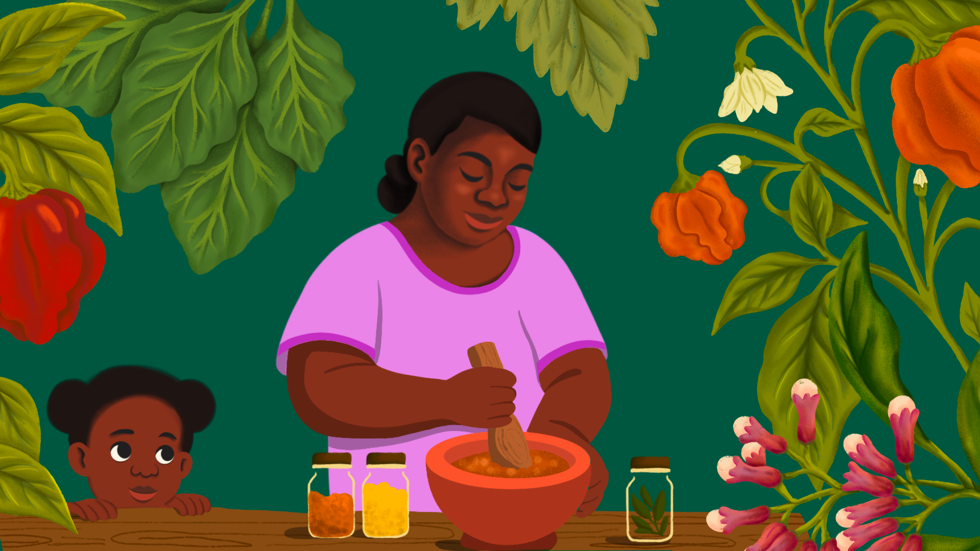 A woman and a child are in a kitchen with plants and flowers around them. The woman is using a wooden pestle to crush ingredients in a bowl, with jars and herbs on the table.