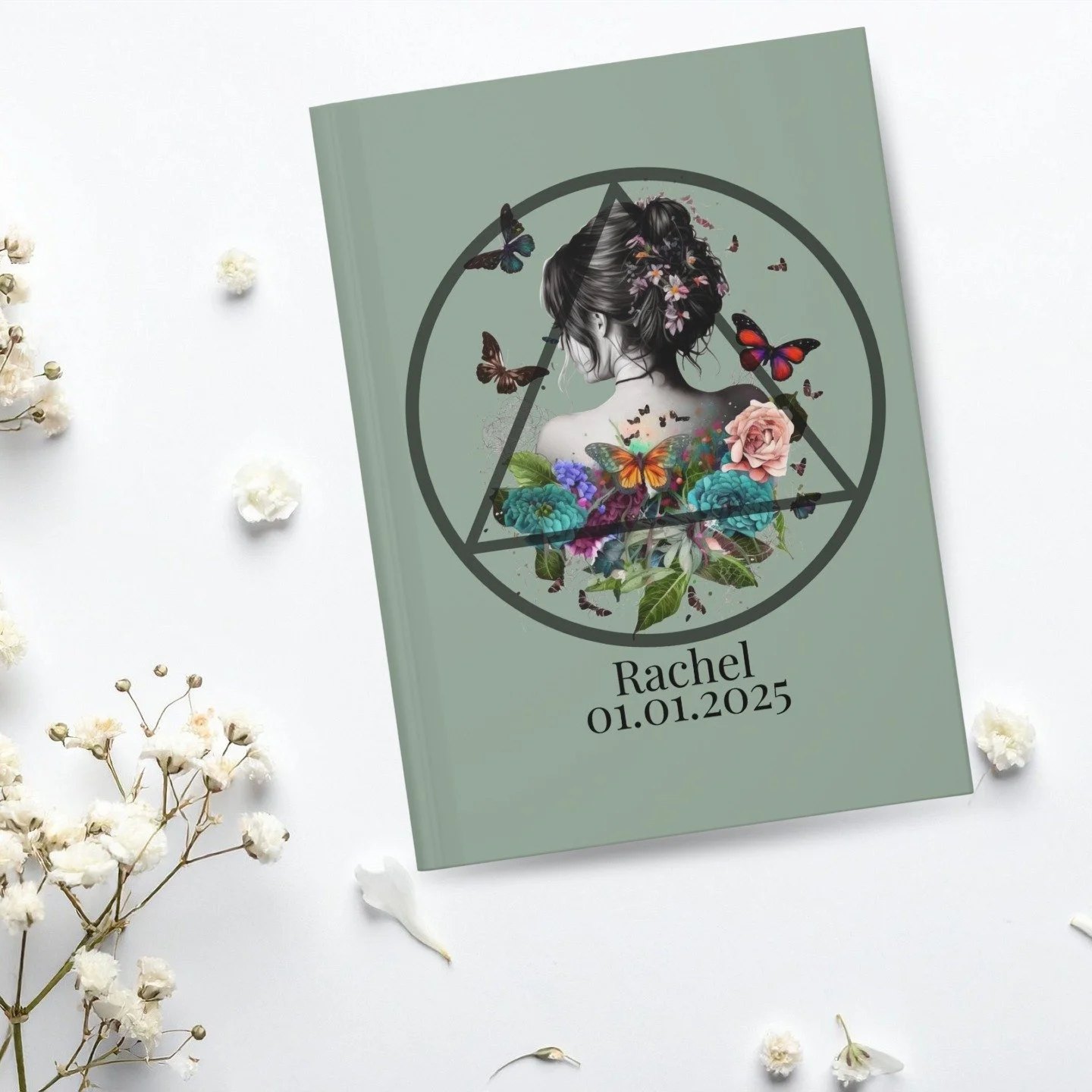 a name. a date. a whole new life. 🌿

this is our personalized sobriety journal &mdash; custom name and sobriety date on the cover, because that date deserves to be seen. every single day.

the woman blooming. the butterflies rising. the AA symbol ho