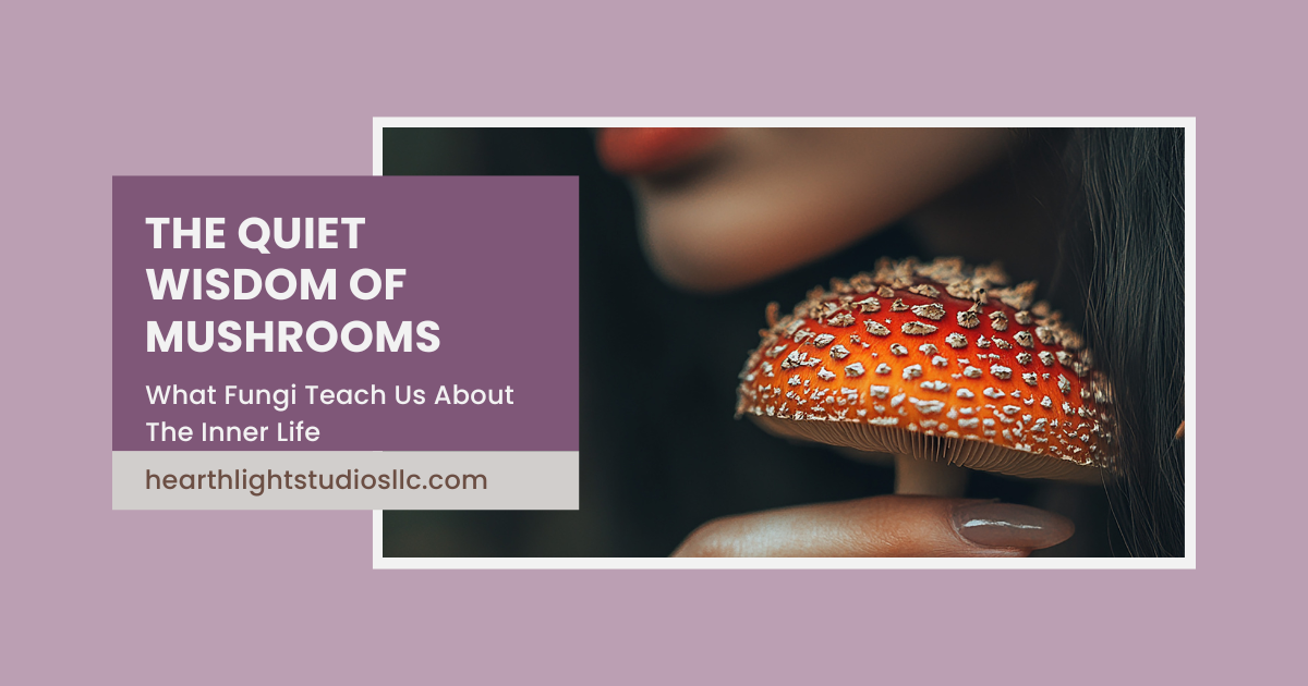The Quiet Wisdom of Mushrooms blog article exploring mushroom symbolism, mental health, personal growth, emotional healing, resilience, mindfulness, self-reflection, and the connection between fungi and wellness.