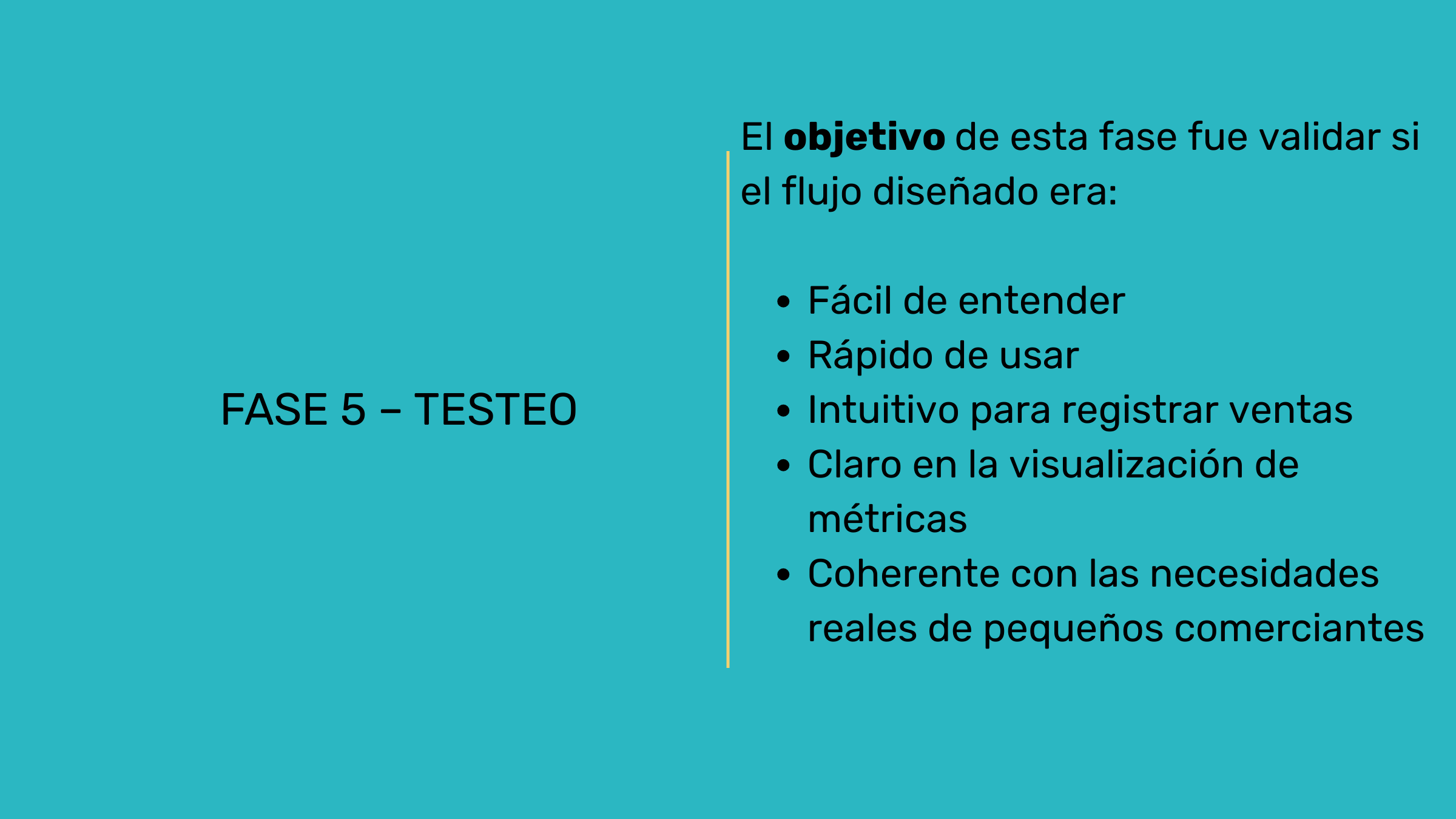 Diapositiva con fondo turquesa que muestra el título 'FASE 5 – TESTEO' y un texto en español que describe objetivos de validar un flujo de diseño, incluyendo puntos como fácil de entender, rápido de usar, intuitivo para registrar ventas, claro en mét