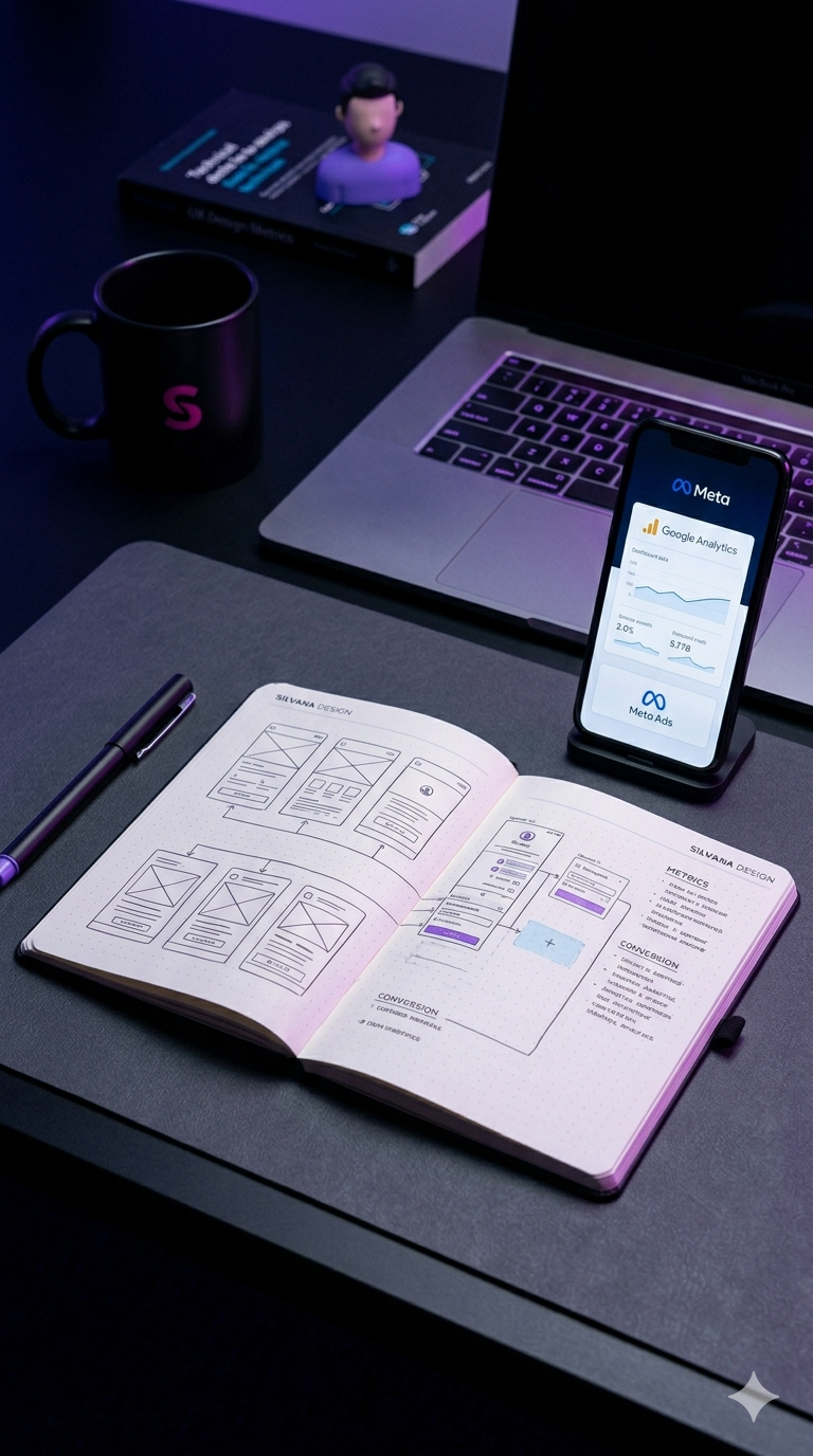 Mesa de trabajo con una laptop, una taza negra con letra rosa, un cuaderno abierto con bocetos y notas, un bolígrafo, y un teléfono móvil mostrando gráficos y estadísticas de Meta y Google Analytics.