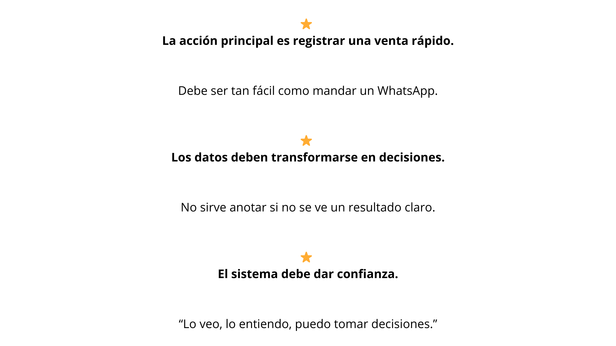Texto en diapositiva con consejos para registrar una venta rápida, incluyendo que sea fácil como mandar un WhatsApp, los datos deben convertirse en decisiones, no anotar si no hay resultado claro, y que el sistema debe dar confianza, concluyendo con 