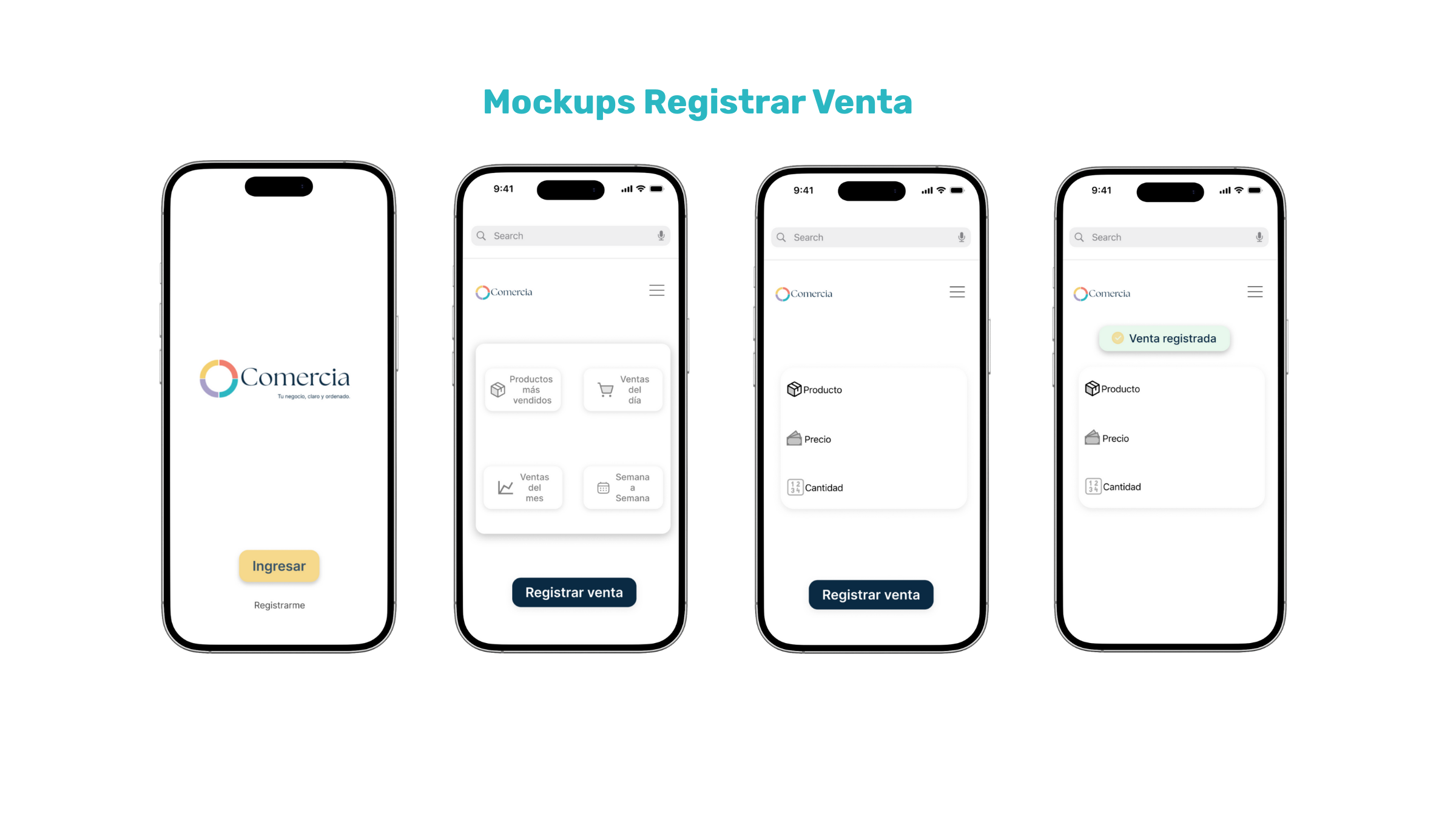 Cinco pantallas de un teléfono móvil que muestran el proceso de registro y simulación de venta en una aplicación llamada 'Comercia'. La primera pantalla muestra el logo y un botón para ingresar, la segunda muestra la interfaz principal de ventas con 