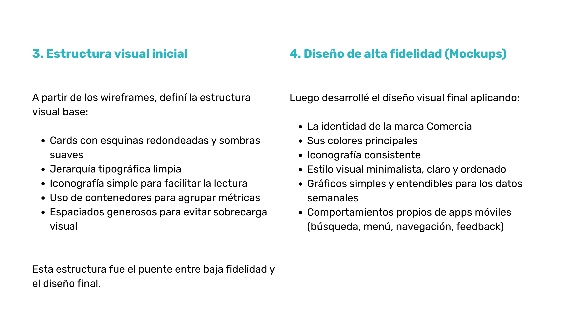 Página a doble columna con texto en español. La primera columna tiene el título '3. Estructura visual inicial' y lista cinco puntos sobre la estructura visual básica y su función como puente con la etapa final del diseño. La segunda columna tiene el 