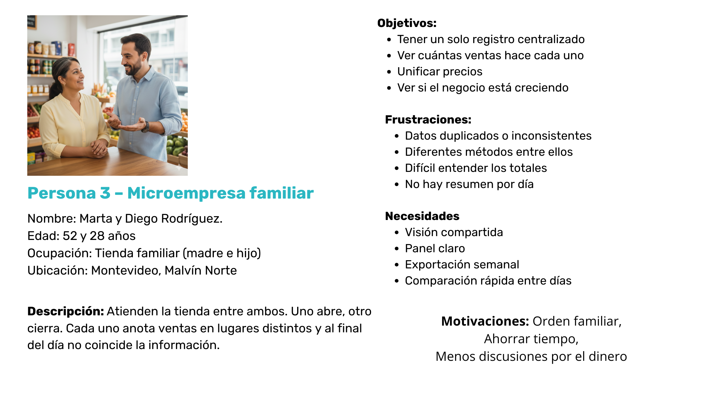 Foto de una pareja conversando en una tienda de alimentos, con estantes llenos de productos al fondo y una mesa en primer plano.