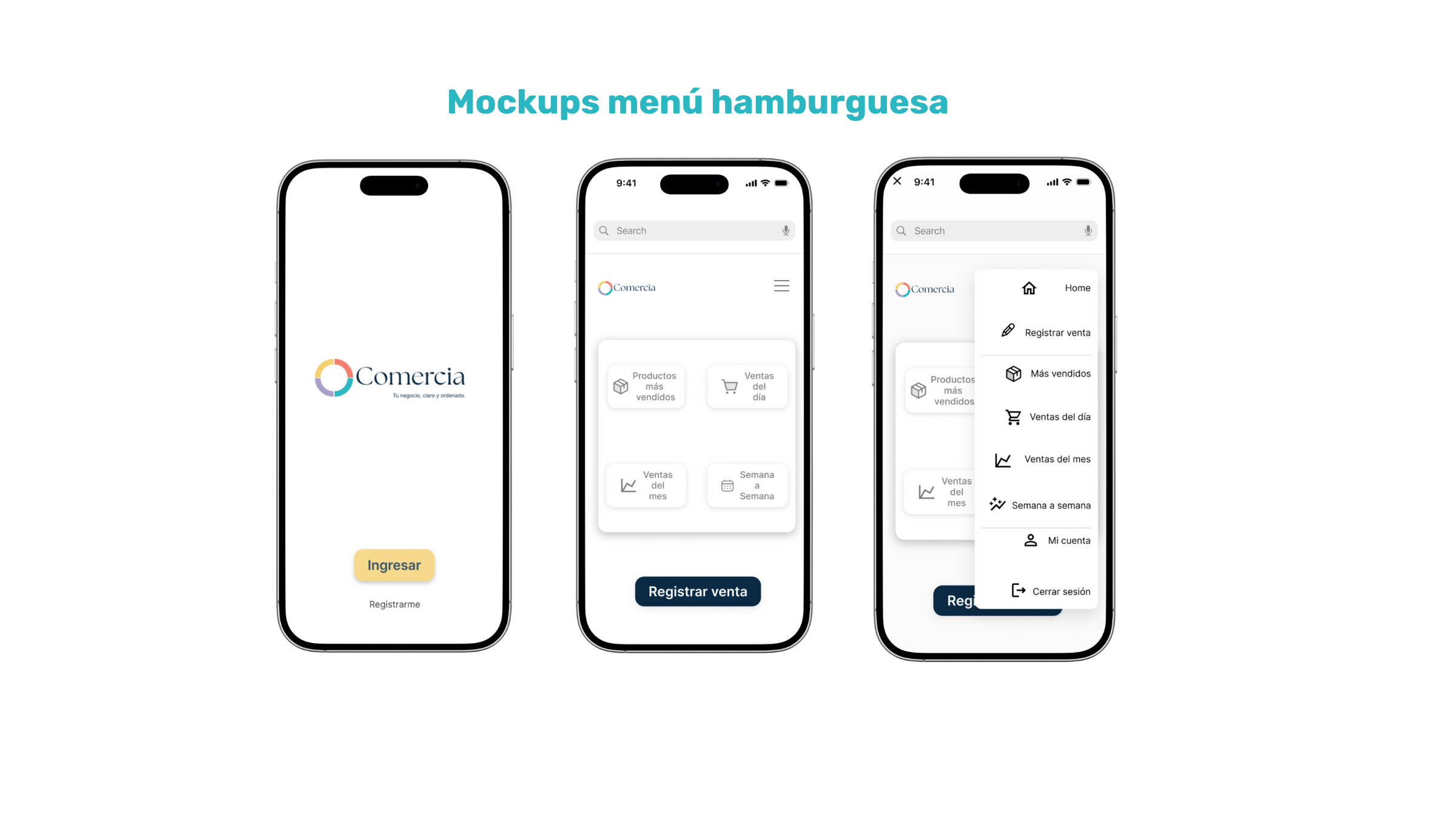 Mockups de la aplicación móvil de un menú para hamburguesas en tres pantallas. La primera muestra la pantalla de inicio con un botón para ingresar y registrarse. La segunda muestra la pantalla principal con iconos para productos más vendidos, ventas 