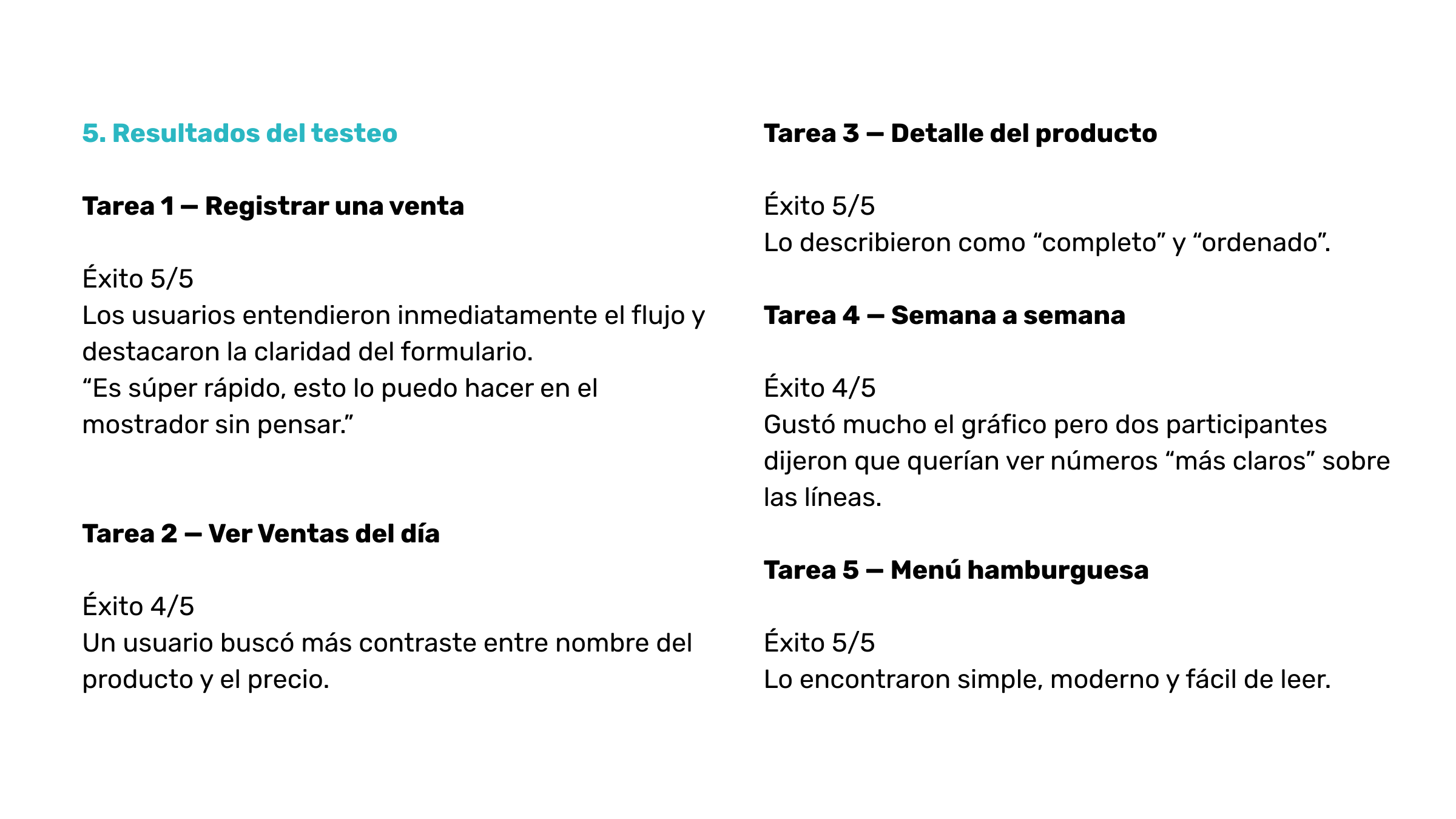 Detalle de un documento en español con resultados de un test de diferentes tareas, incluyendo la registración de una venta, ver ventas del día, detalles del producto, semana a semana, y menú hamburguesa. El texto indica los niveles de éxito y comenta