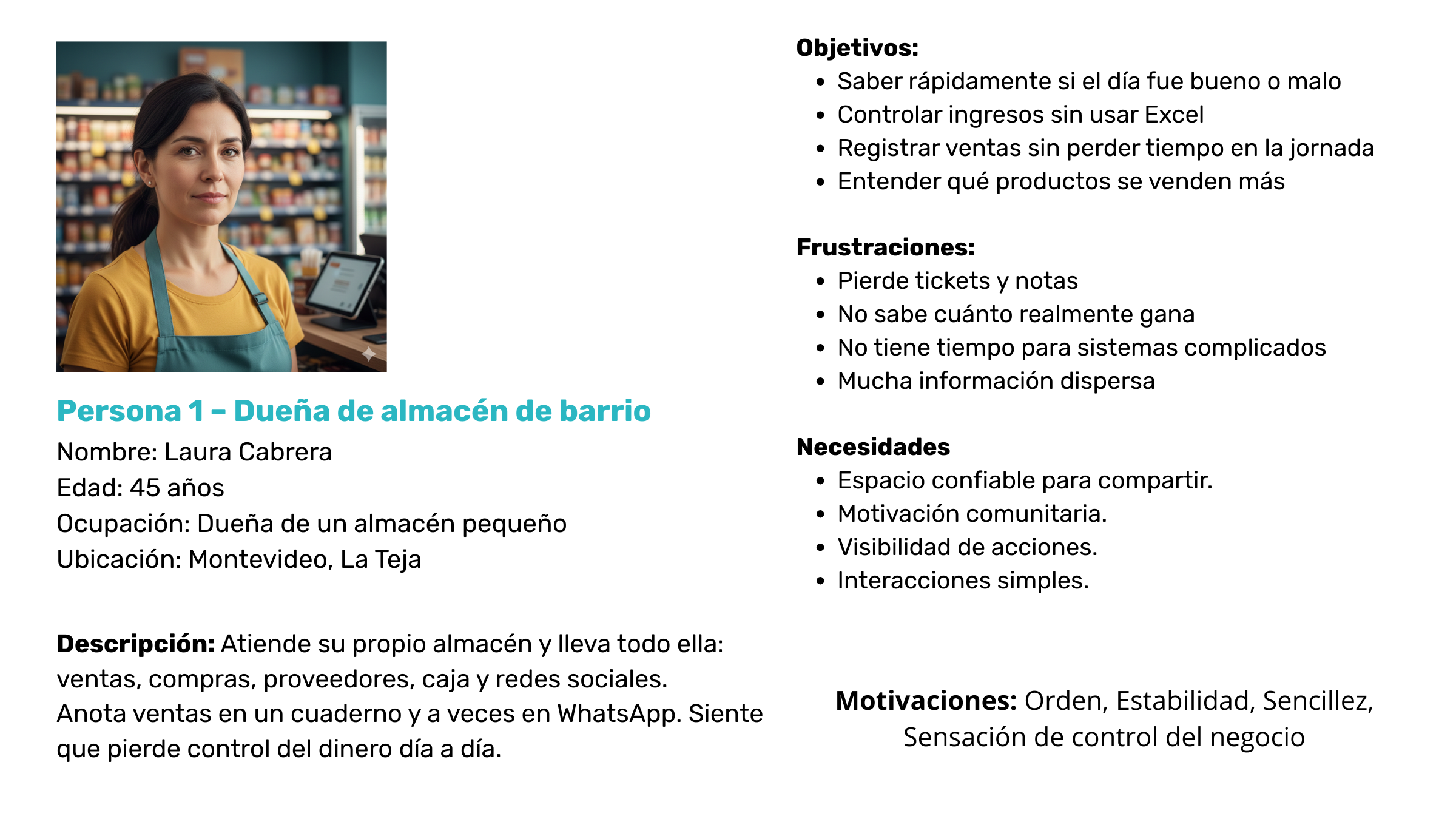 Mujer en una tienda con fondo de estantes con productos, utilizando un dispositivo portátil.