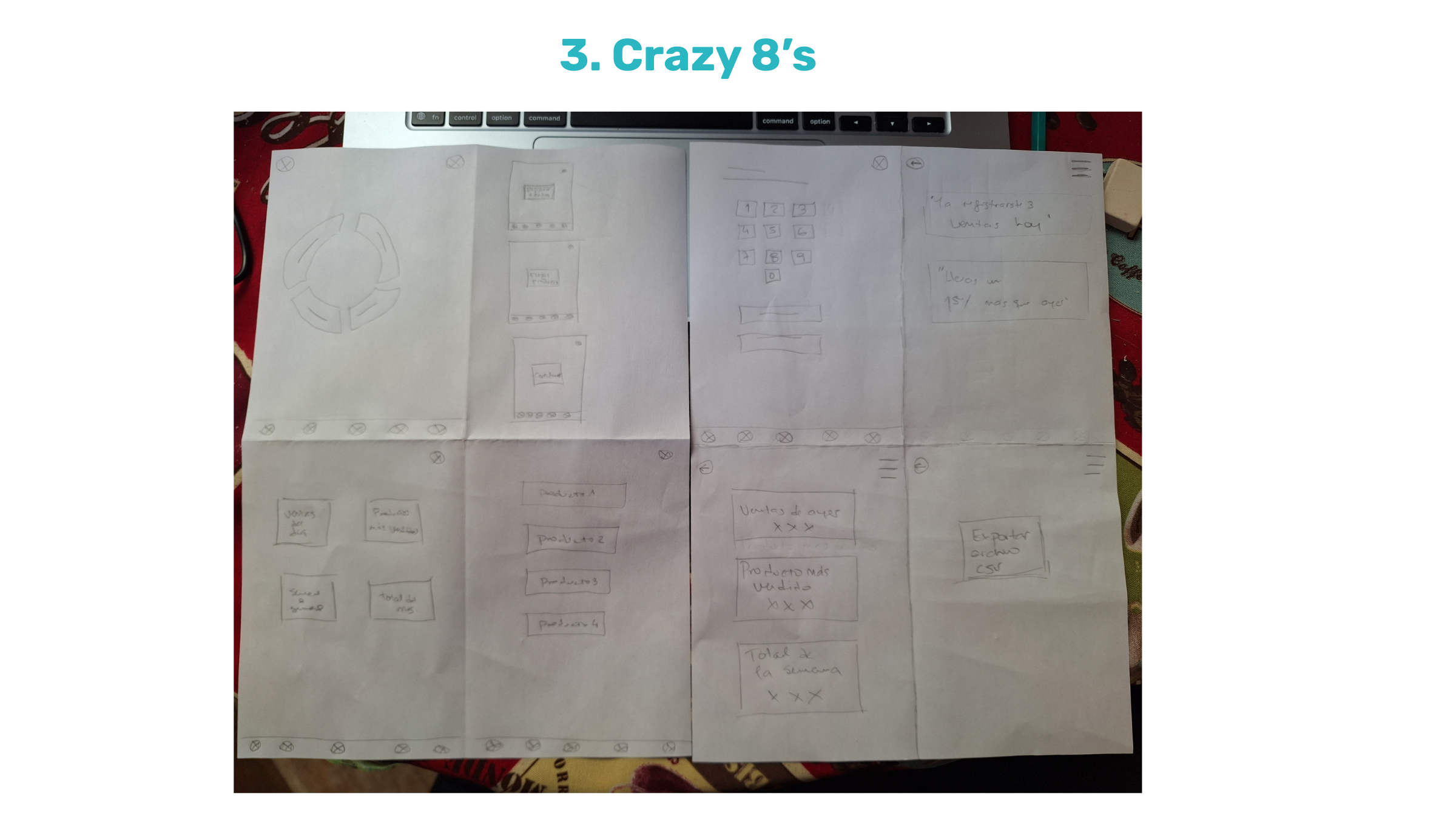 Boceto a mano en papel con ideas y elementos para una aplicación o proyecto, incluyendo botones numerados, diagramas, y notas en español, sobre una mesa con teclado y otros objetos.