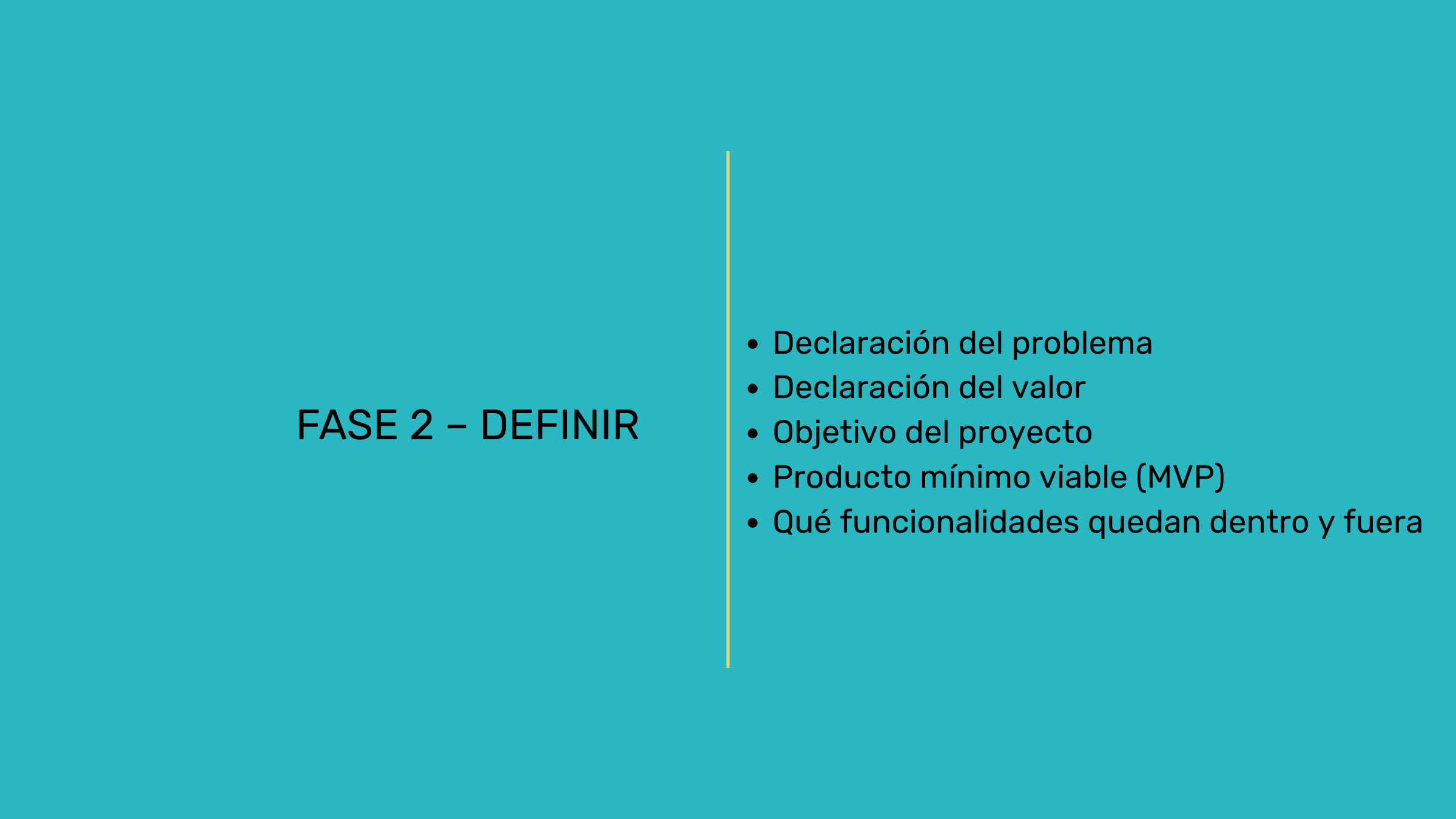 Diapositiva con título 'Fase 2 - Definir' y lista de puntos: Declaración del problema, Declaración del valor, Objetivo del proyecto, Producto mínimo viable (MVP), Qué funcionalidades quedan dentro y fuera.