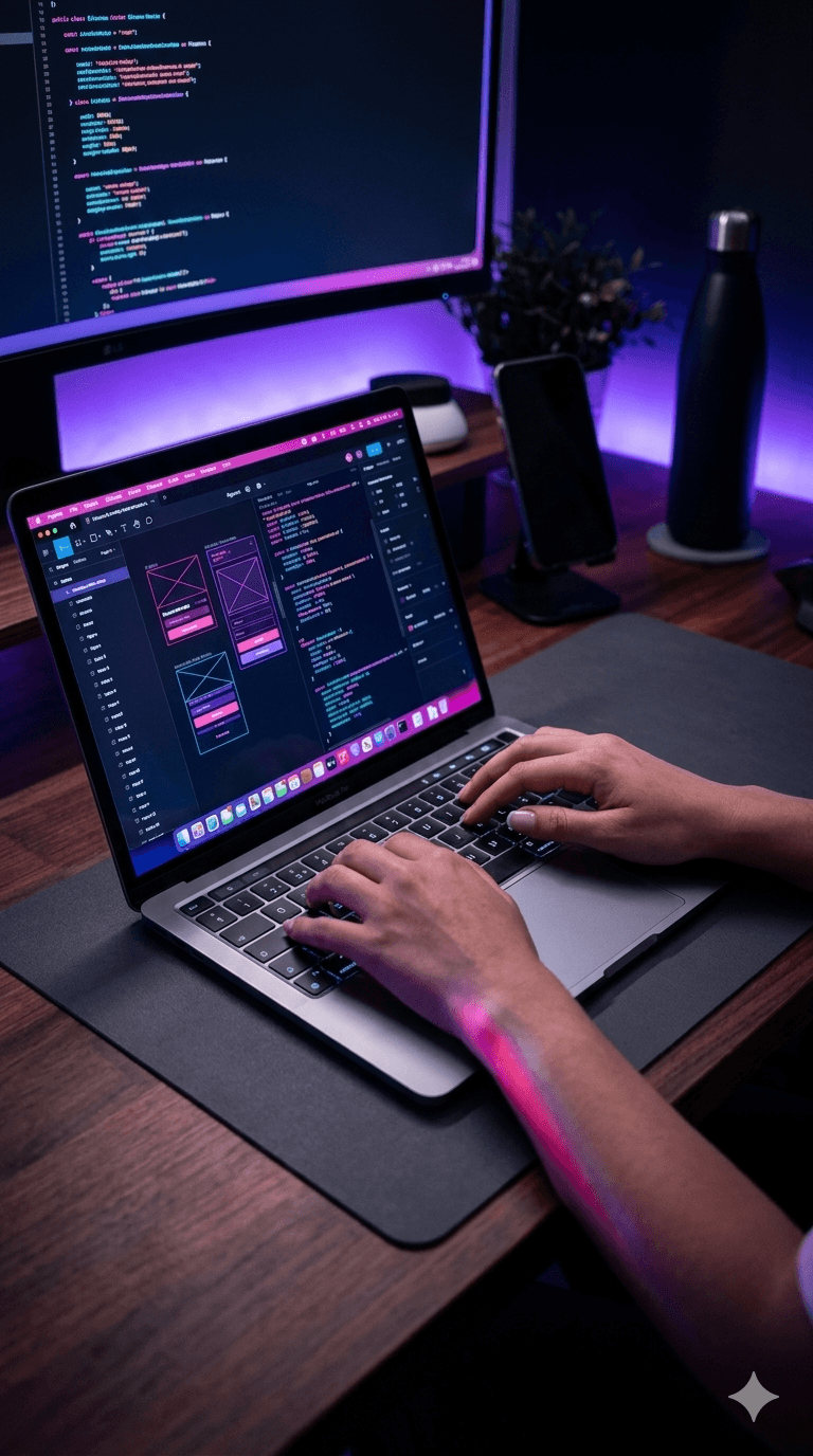 Una persona trabajando en un portátil en desarrollo de aplicaciones móviles, con código y diseño en la pantalla, en un entorno con iluminación púrpura y algunos objetos de oficina en el fondo.