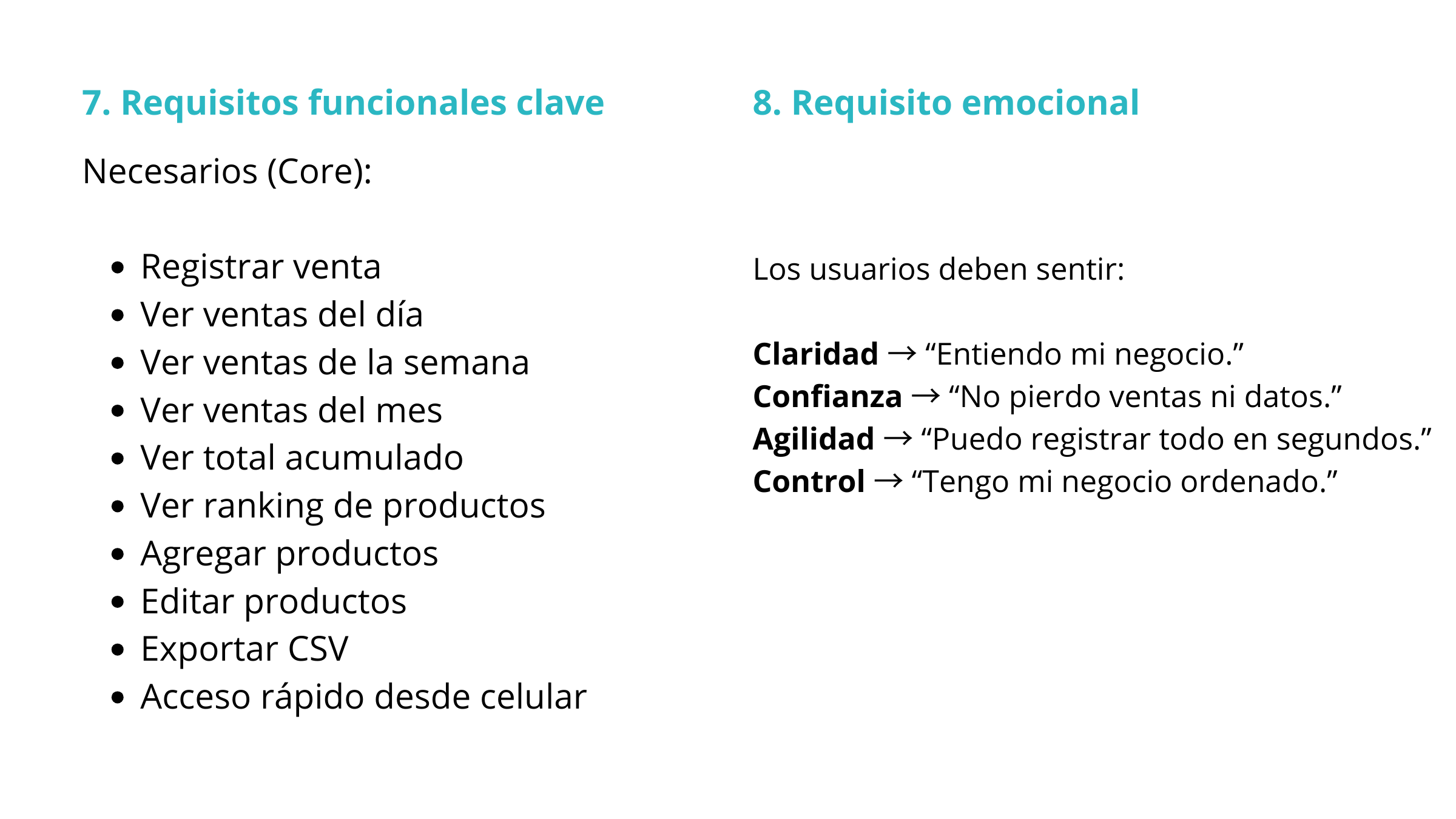 Lista en una diapositiva con requisitos funcionales y emocionales para usuarios. La sección izquierda muestra requisitos funcionales como registrar venta, ver ventas diarias, semanales, mensuales, total acumulado, rankings, agregar, editar productos,