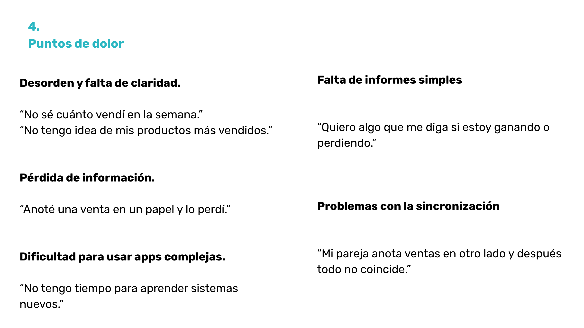 Página de un documento con texto en español que habla sobre puntos de dolor, desorden, falta de claridad, pérdida de información, dificultades con apps y problemas de sincronización en contextos de ventas y productos.