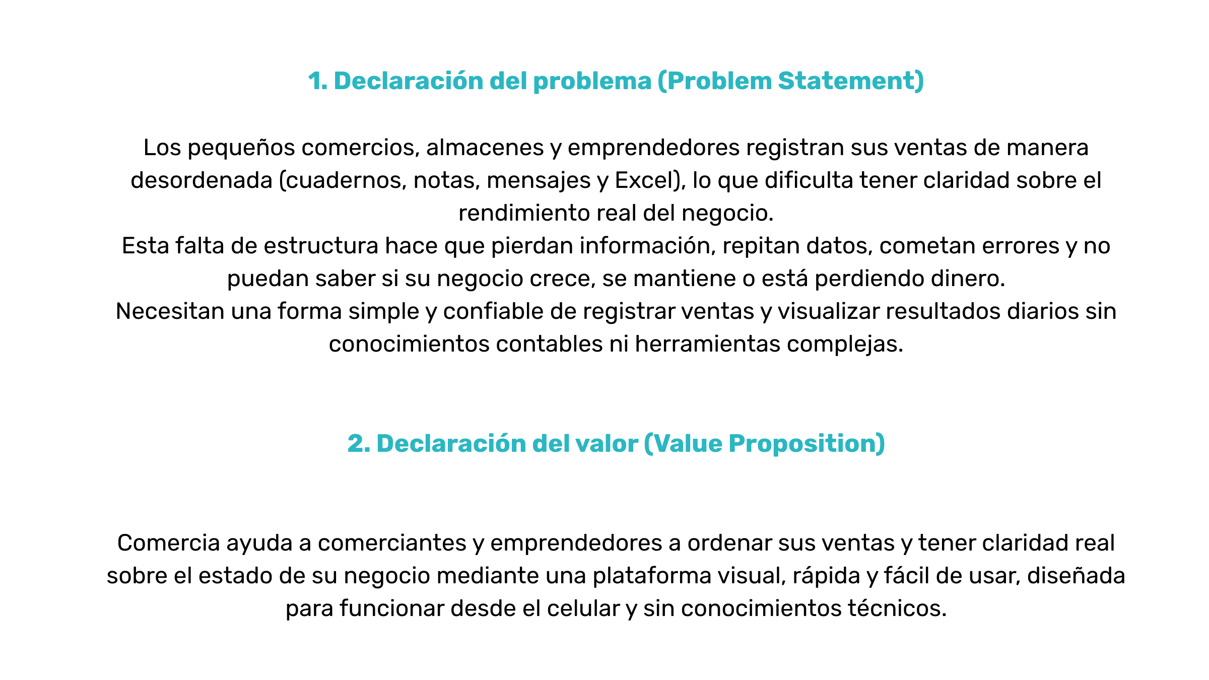 Texto en diapositiva que describe la declaración del problema y la declaración del valor en una presentación sobre ventas y negocios, con encabezados en color azul y texto en negro.