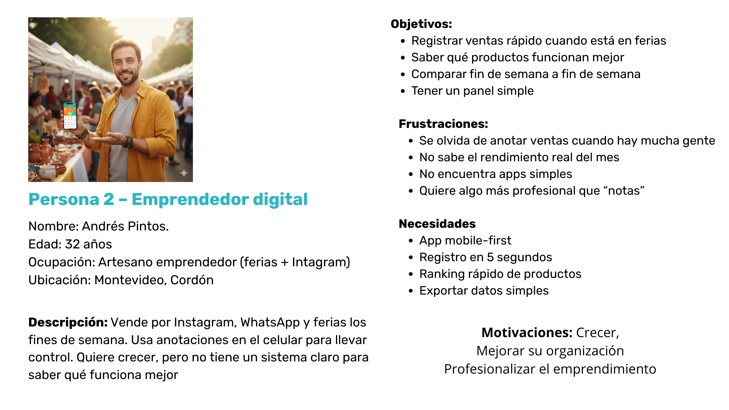 Un hombre con barba y camiseta gris, vestimenta amarilla, sosteniendo un teléfono móvil con una aplicación en la pantalla, en un mercado con puestos y gente al fondo.