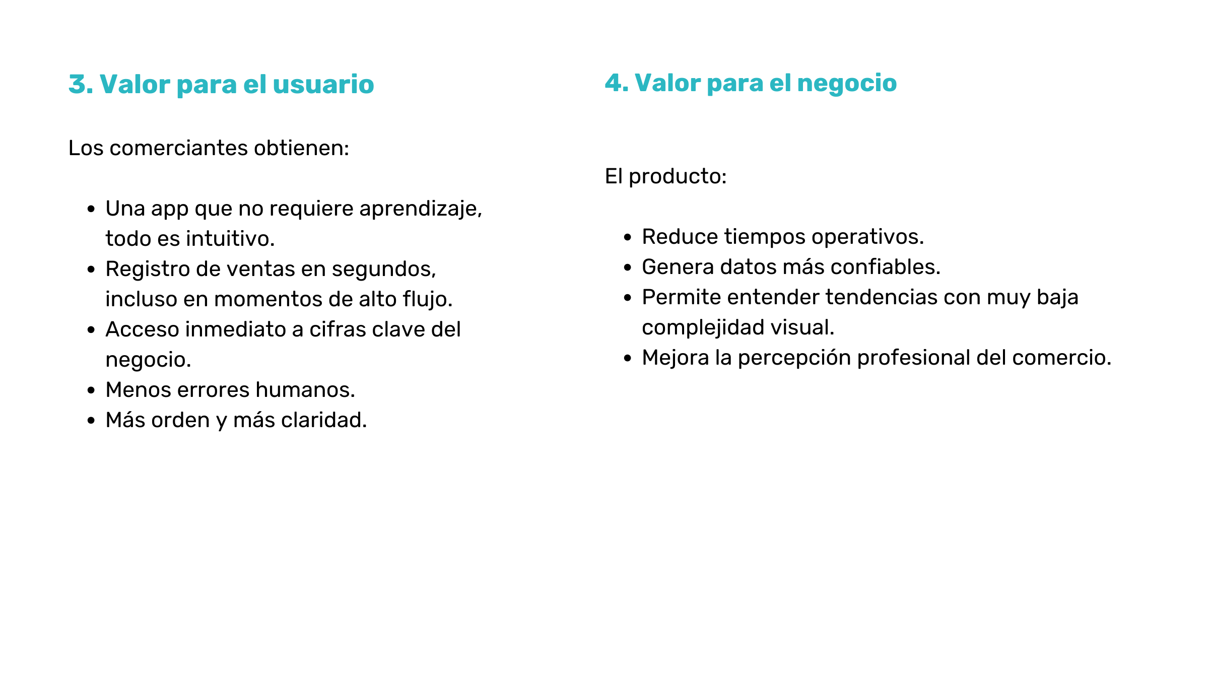 Documento con texto en español que describe beneficios para el usuario y el negocio, en dos columnas tituladas 'Valor para el usuario' y 'Valor para el negocio'.