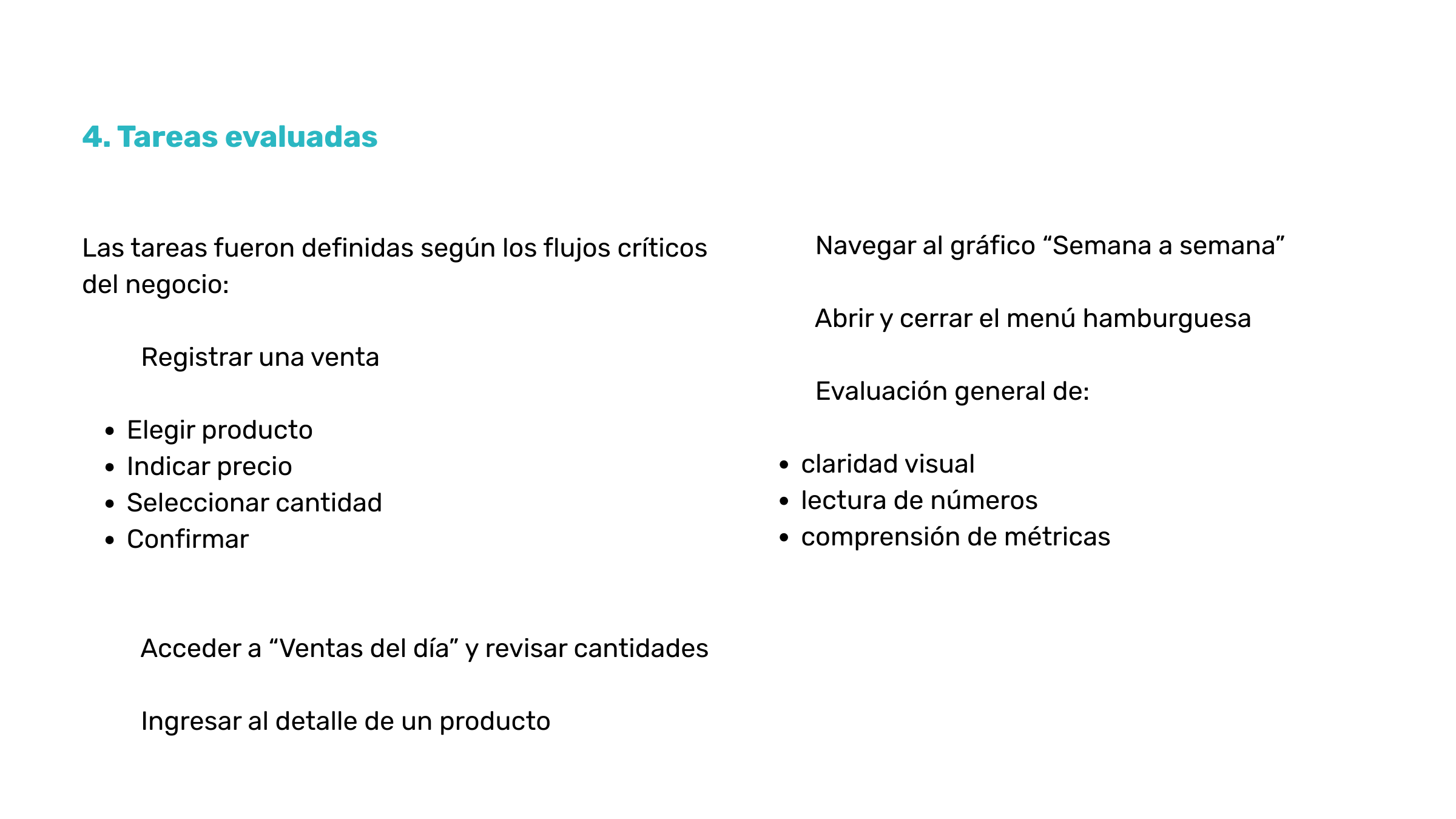 Lista de tareas evaluadas en un documento, con títulos en color azul y texto en negro. Texto sobre las tareas: 'Las tareas fueron definidas según los flujos críticos del negocio', 'Navegar al gráfico 'Semana a semana'', 'Abrir y cerrar el menú hambur