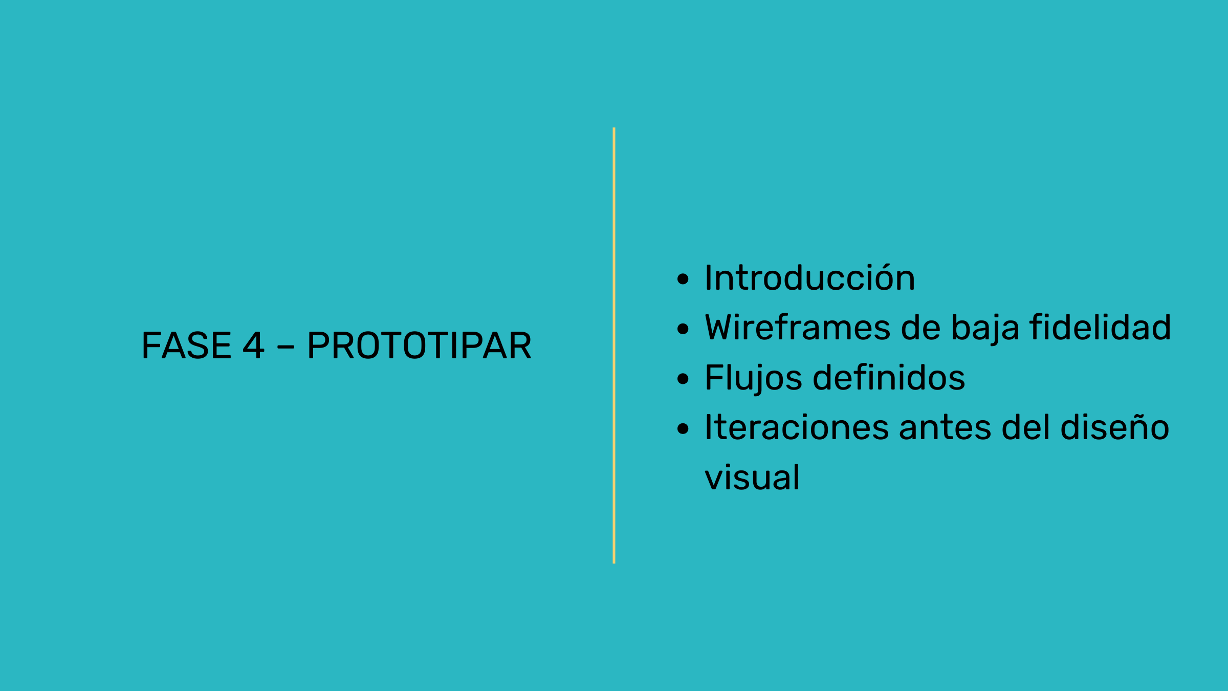 Diapositiva con título 'FASE 4 - PROTOTIPAR' y lista de temas en español, incluyendo introducción, wireframes de baja fidelidad, flujos definidos y iteraciones antes del diseño visual, todo sobre fondo azul