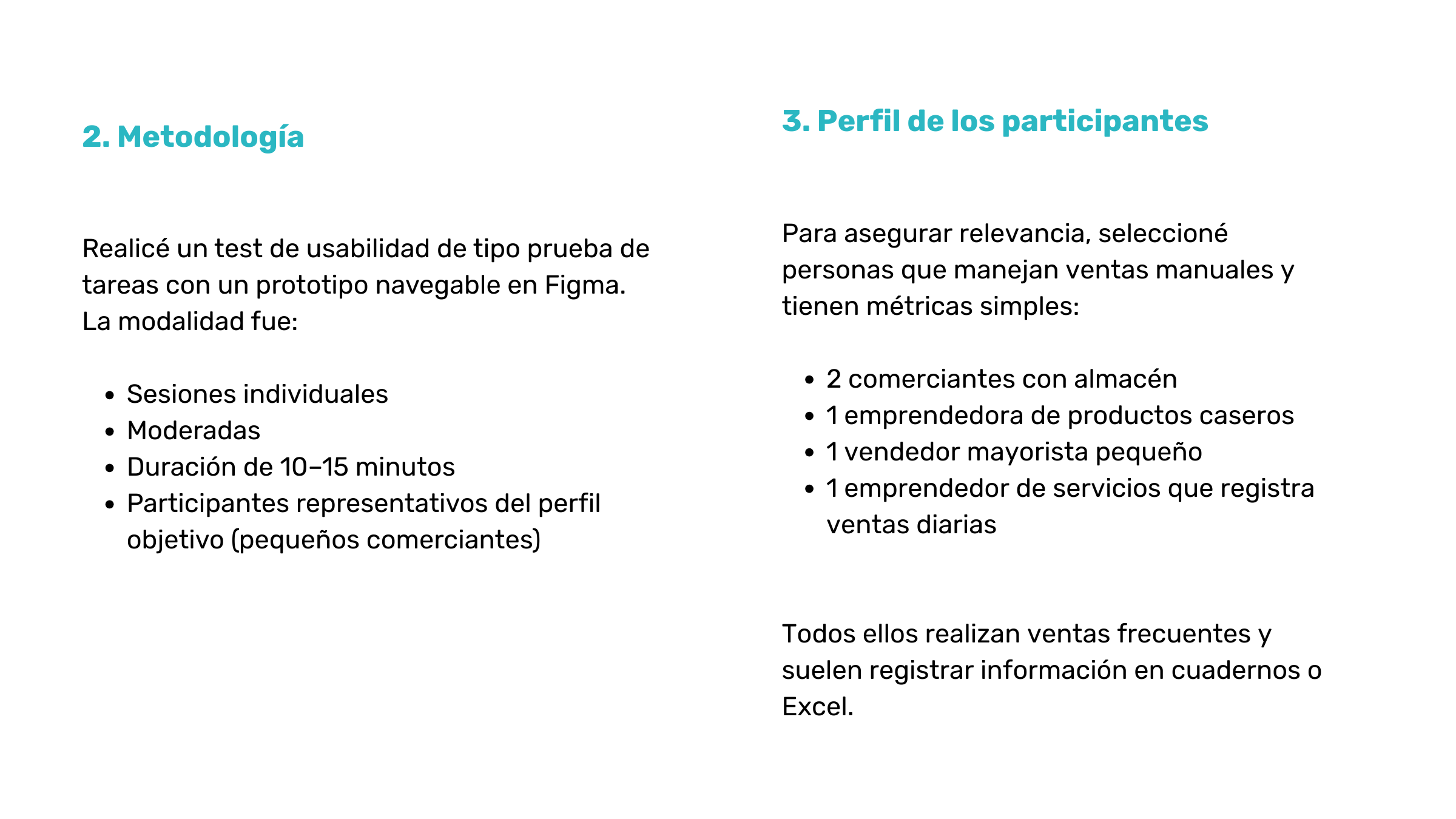 Resumen de un documento con secciones tituladas '2. Metodología' y '3. Perfil de los participantes', destacando los puntos principales en cada sección.