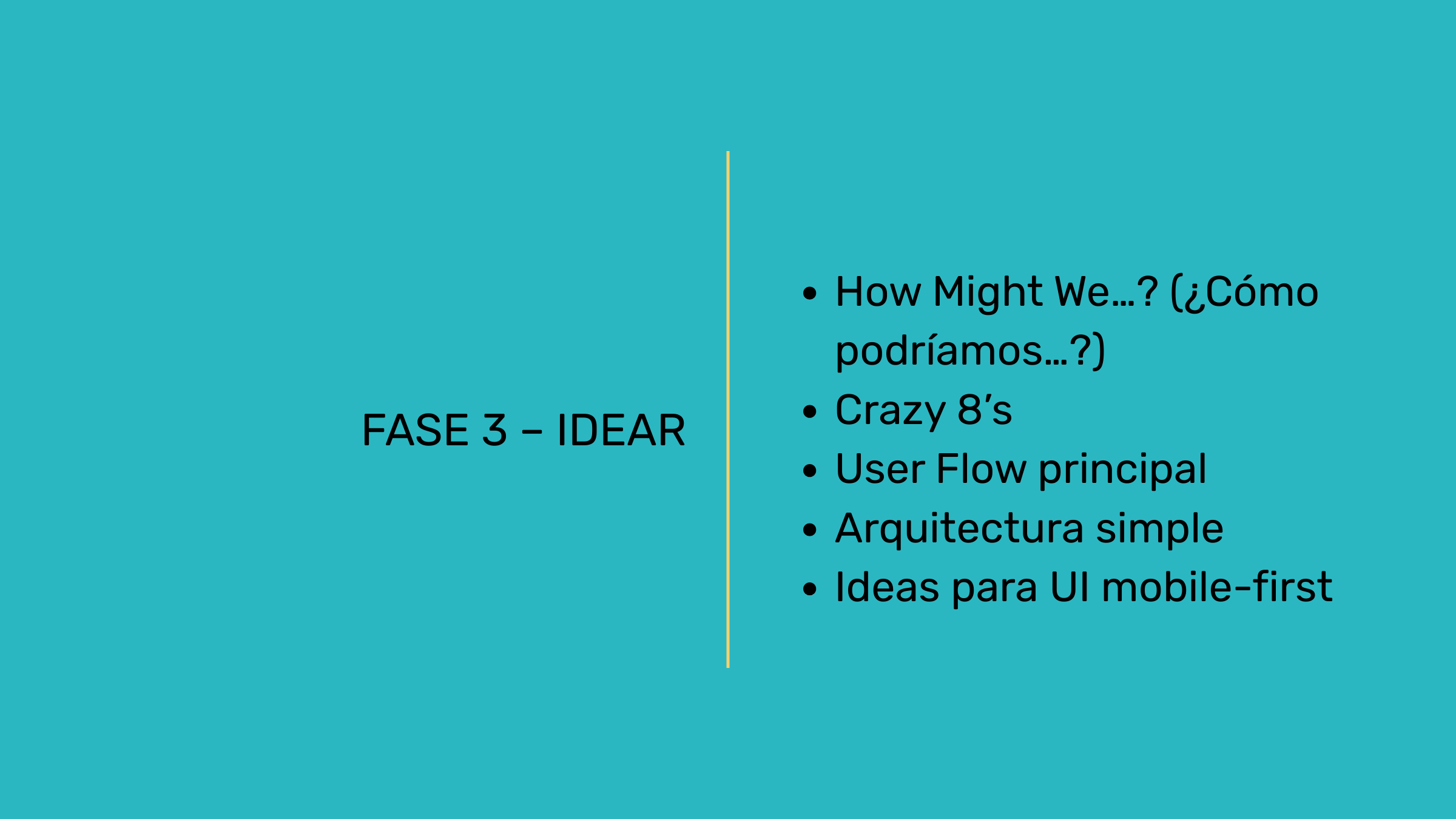 Diapositiva con título 'FASE 3 – IDEAR' y lista de temas relacionados con la conceptualización de UI, incluyendo ideas para UI mobile-first, arquitectura simple, User Flow principal, ideas 'How Might We' en español, y otras ideas creativas.