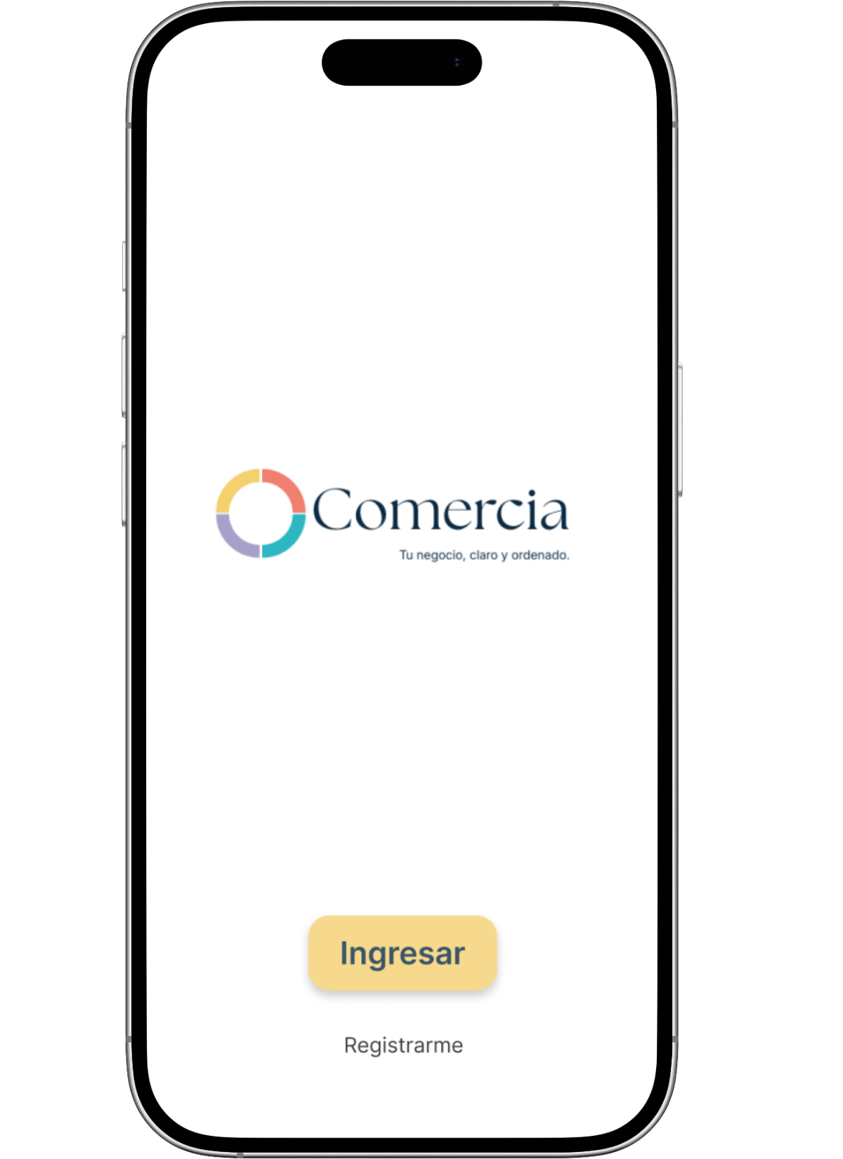 Pantalla de inicio de la aplicación Comercio en un teléfono móvil, con un botón de ingresar y una opción para registrarse.
