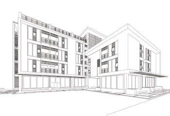 Line drawing of a multi-story modern building with large windows and balconies.