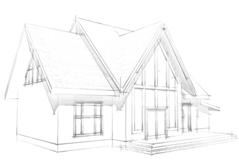 A detailed architectural sketch of a house, showing the front elevation with a steep pitched roof and multiple gables.
