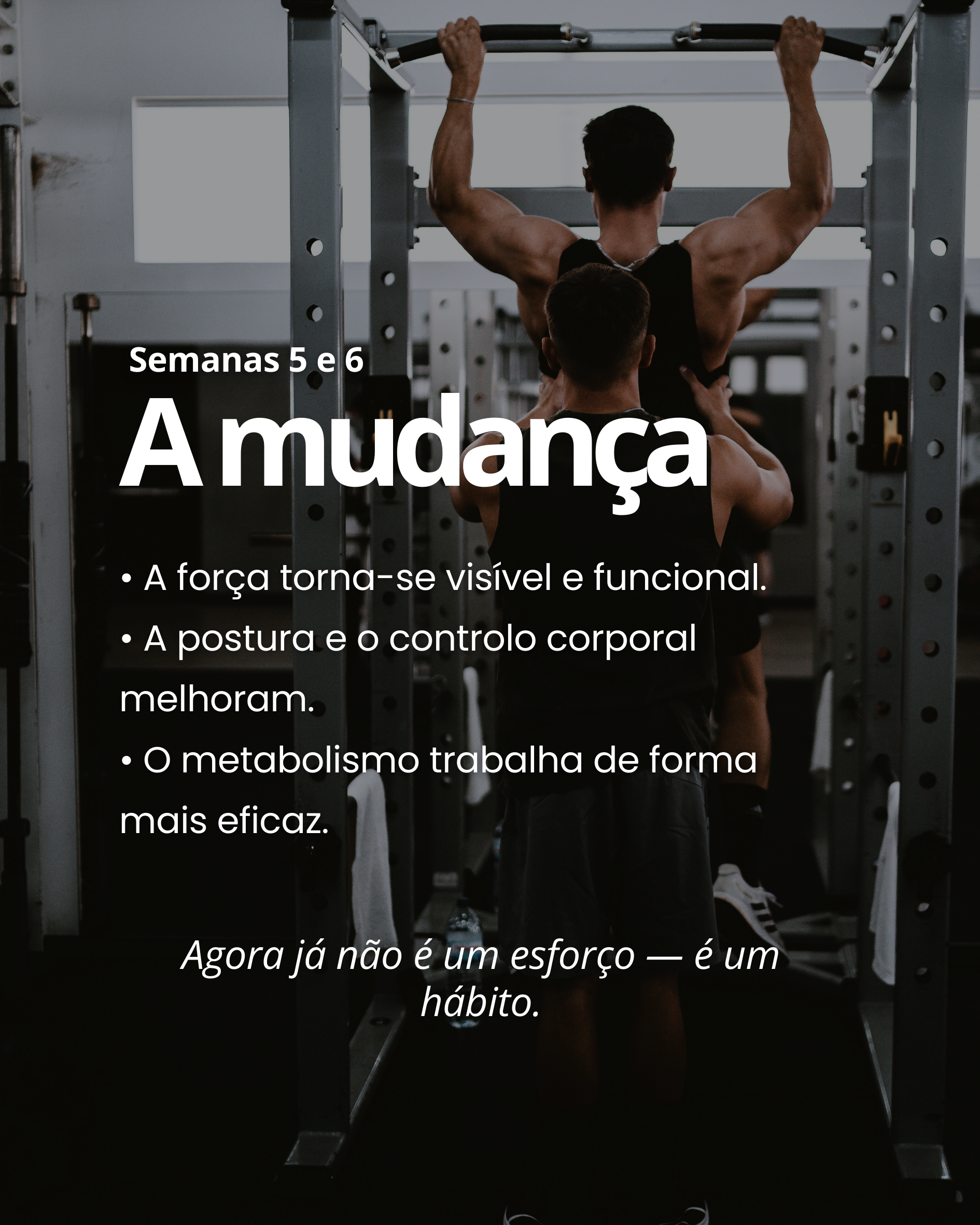 Homens treinando na academia, um deles focado na barra fixa, com uma pessoa apoiando nas costas e outro na frente, com o foco nas costas e braços.