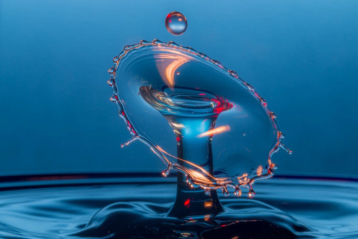Close-up of a water droplet splashing into a calm water surface, creating a crown-shaped splash with ripples around it.